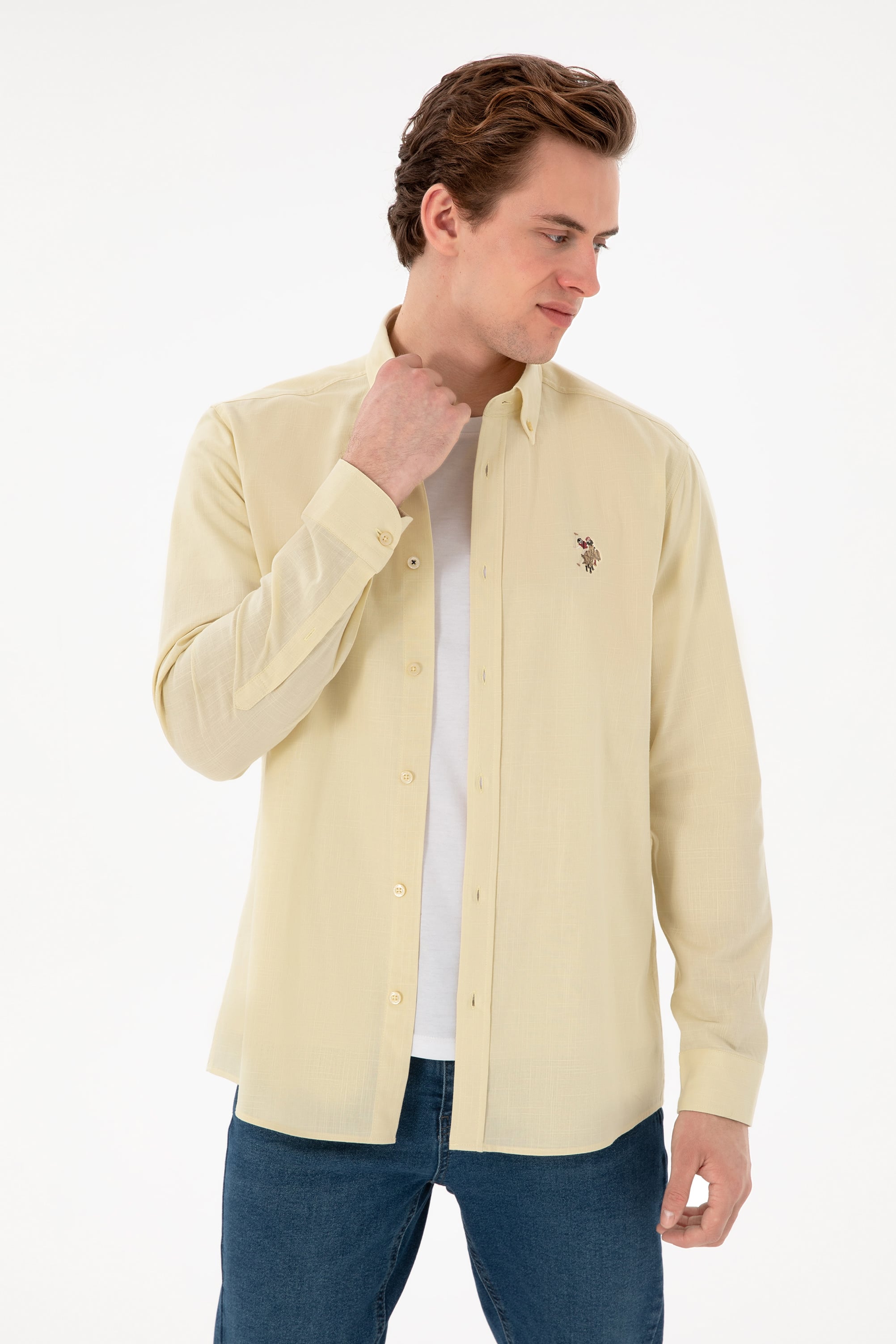 پیراهن بیسیک خاکی روشن رگولار مردانه یو اس پولو | US POLO ASSN
