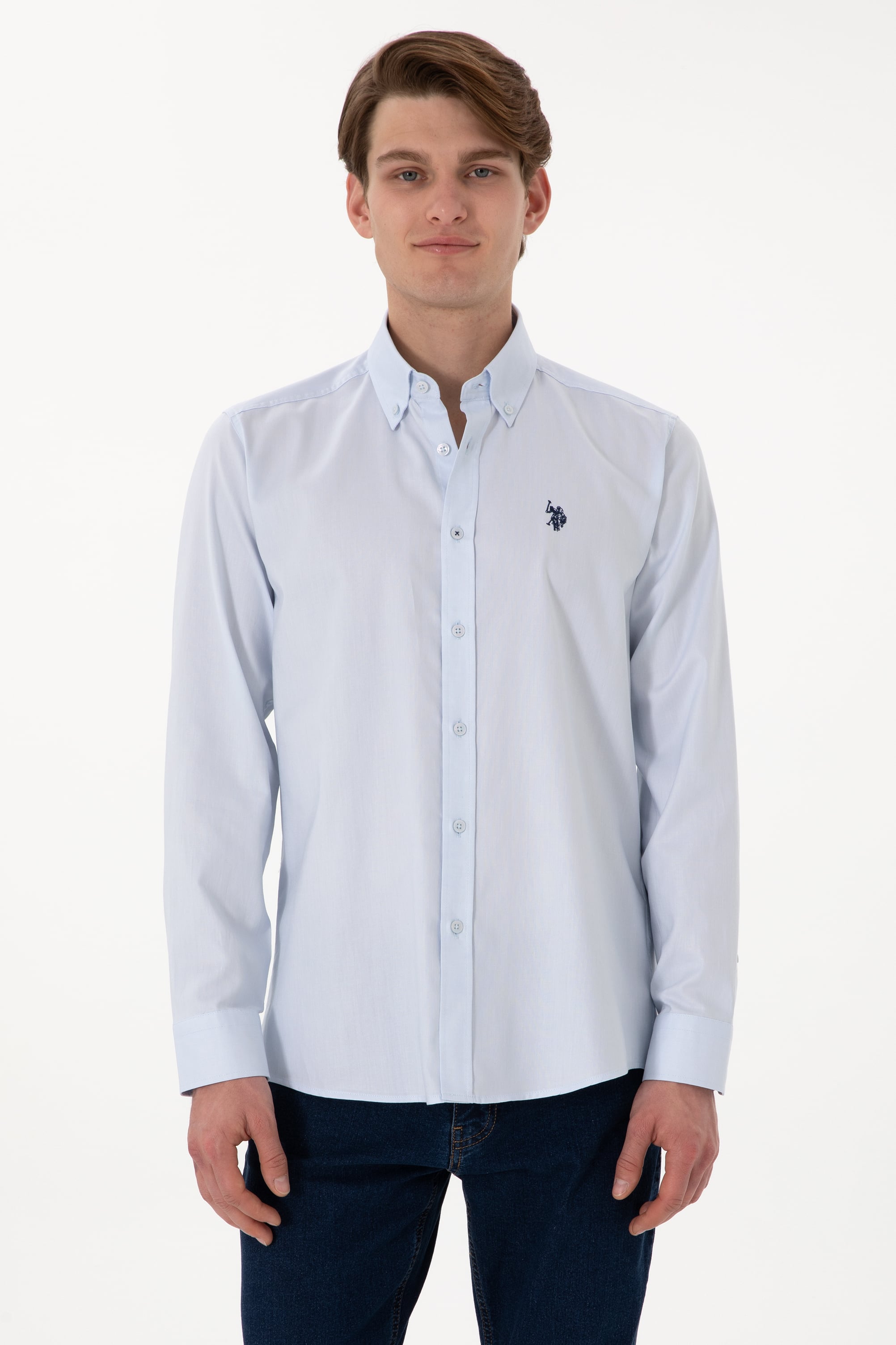 پیراهن بیسیک سورمه ای روشن اندامی مردانه یو اس پولو | US POLO ASSN