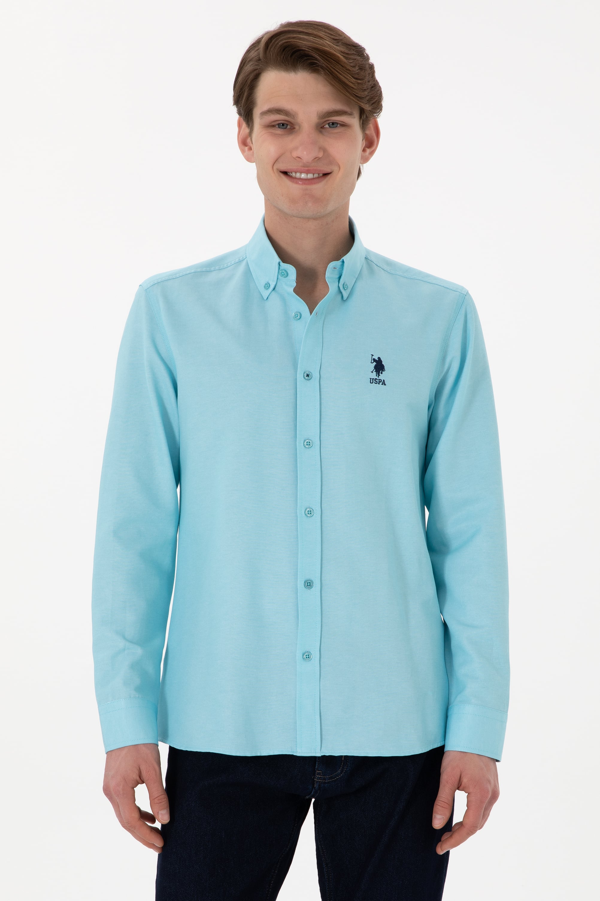 پیراهن بیسیک نیلی اندامی مردانه یو اس پولو | US POLO ASSN