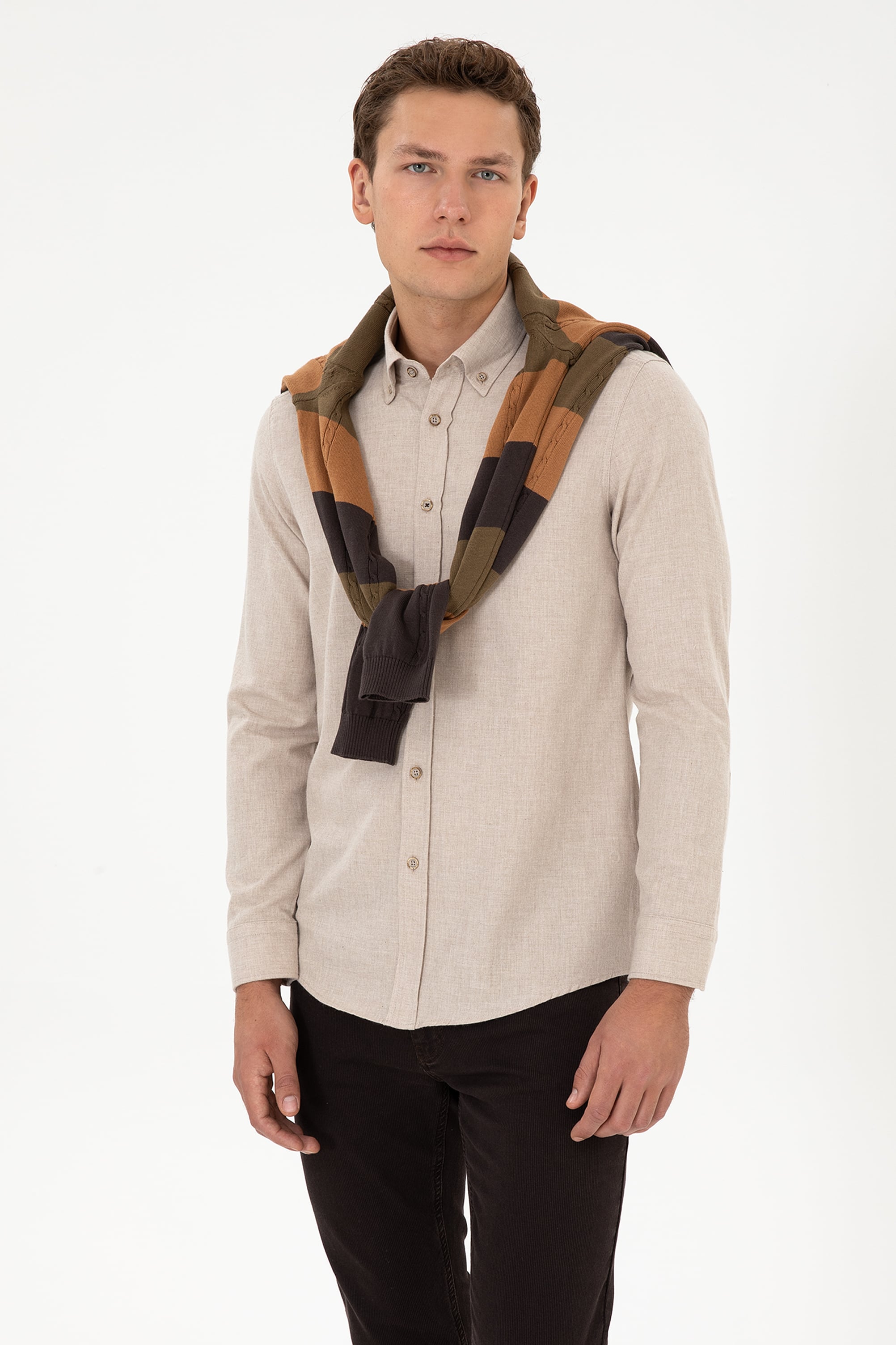 پیراهن بژ تیره اندامی مردانه یو اس پولو | US POLO ASSN
