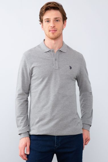 سویشرت یقه پولو خاکستری ملانژ  رگولار آستین بلند مردانه یو اس پولو | US POLO ASSN