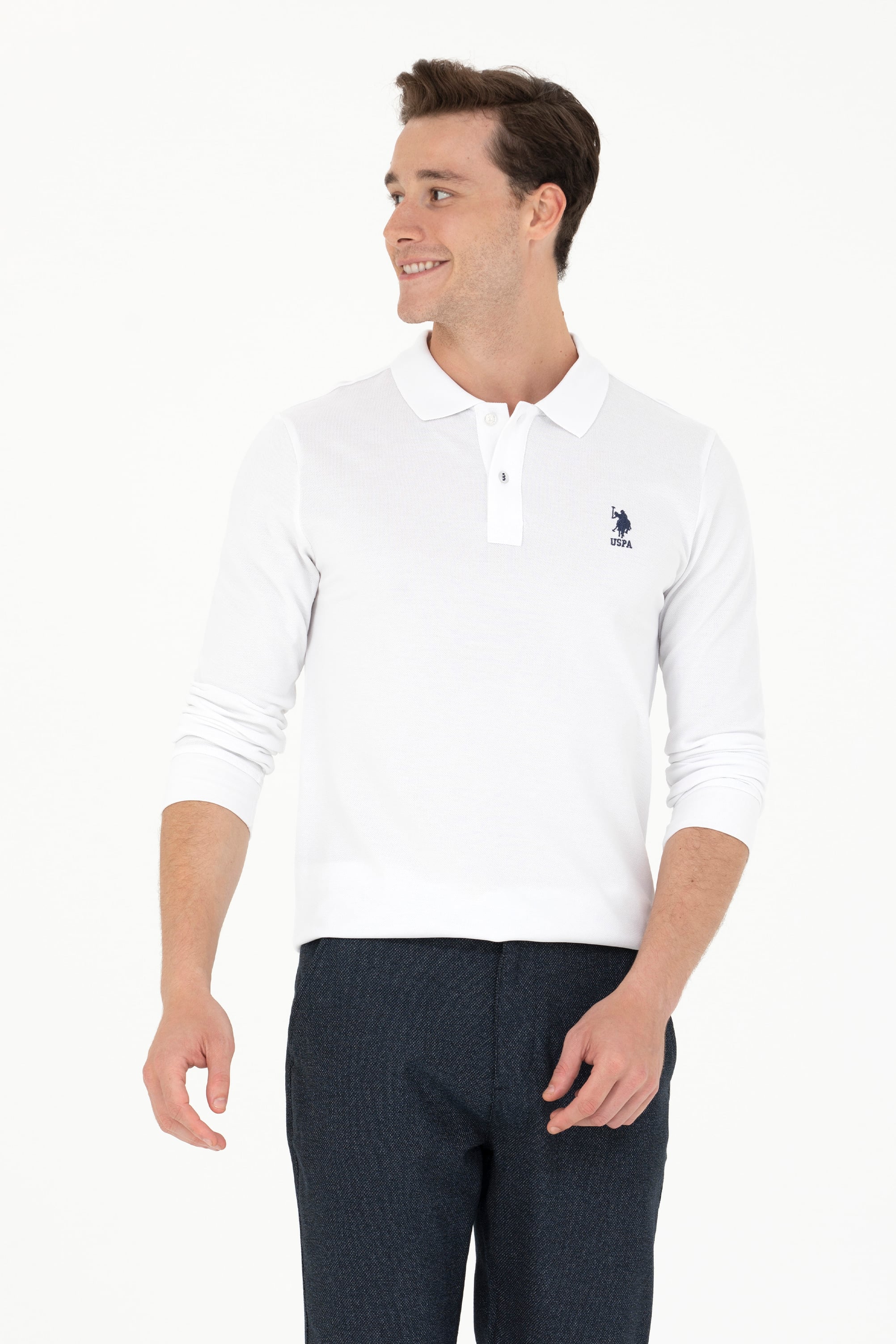 سویشرت یقه پولو سفید اندامی آستین بلند مردانه یو اس پولو | US POLO ASSN