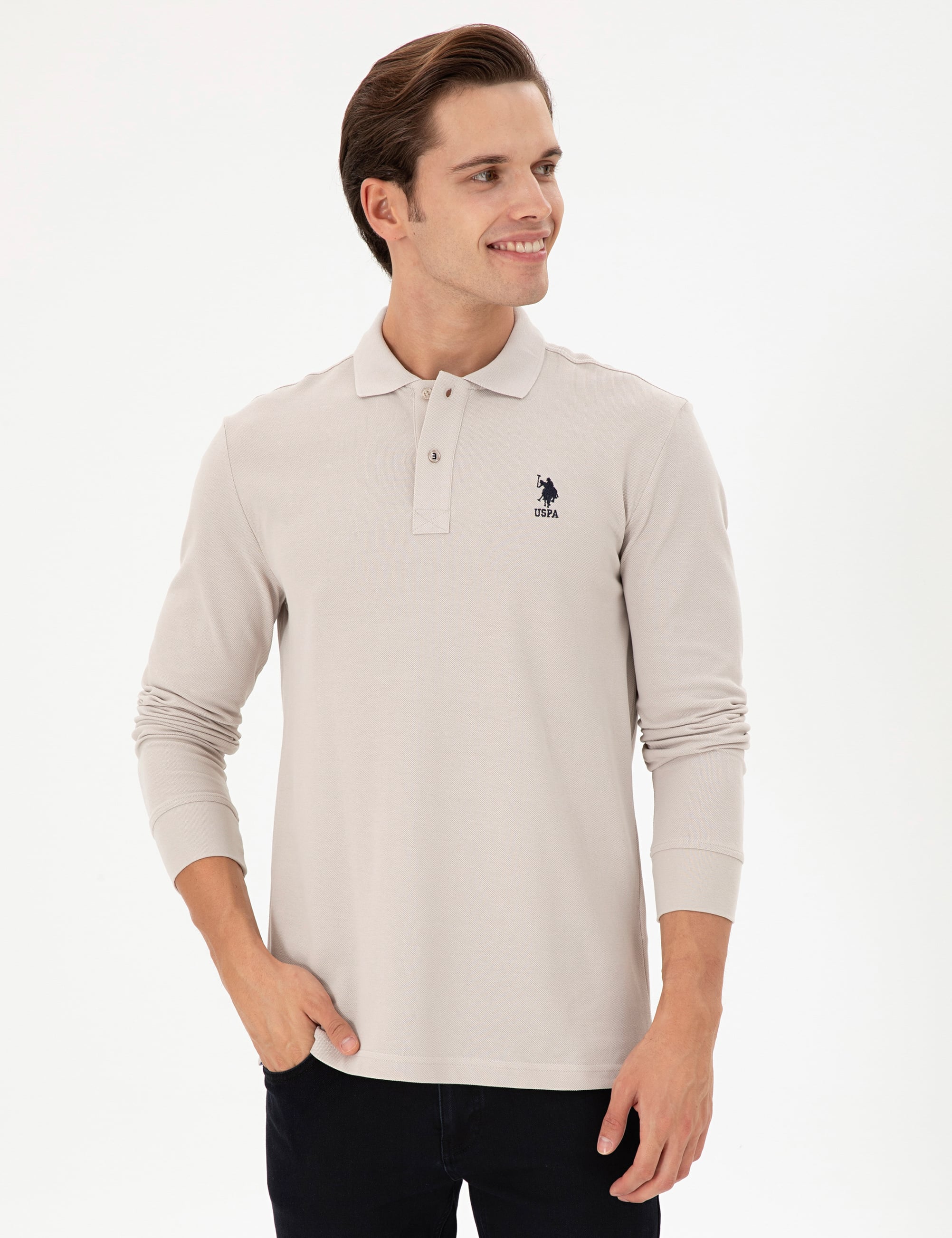 سویشرت یقه پولو خاکستری رگولار مردانه یو اس پولو | US POLO ASSN