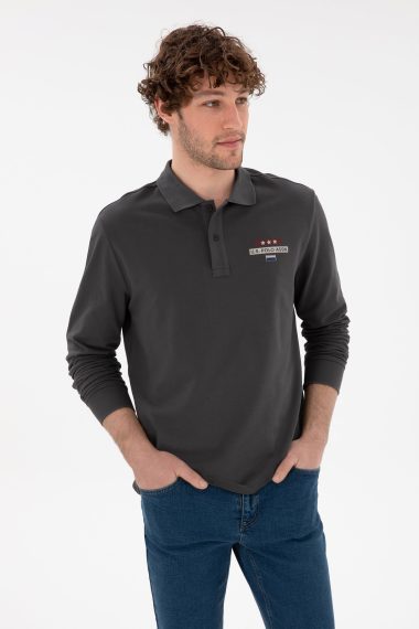 سویشرت یقه پیراهنی زغالی  رگولار آستین بلند مردانه یو اس پولو | US POLO ASSN