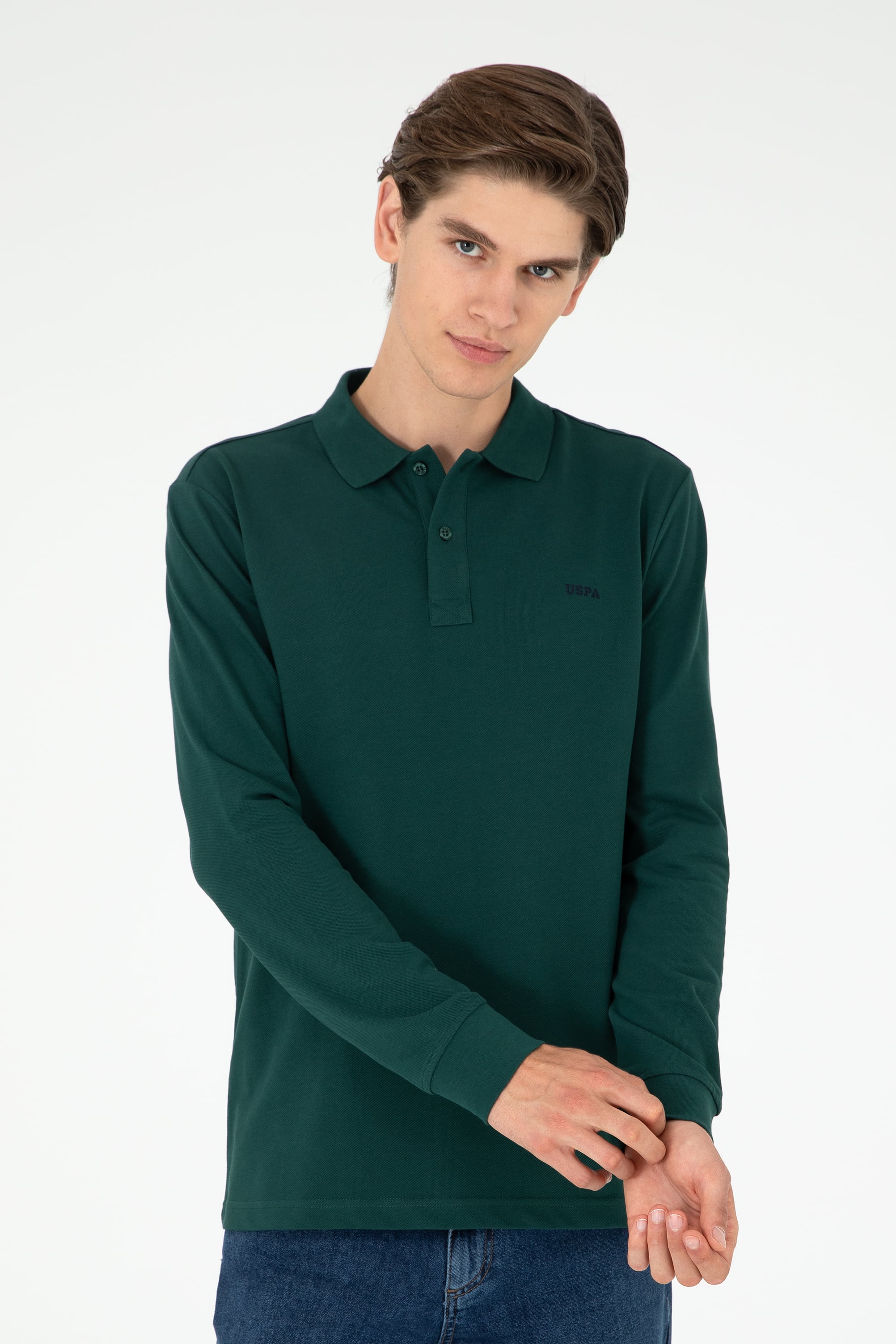 سویشرت یقه پولو سبز تیره رگولار مردانه یو اس پولو | US POLO ASSN
