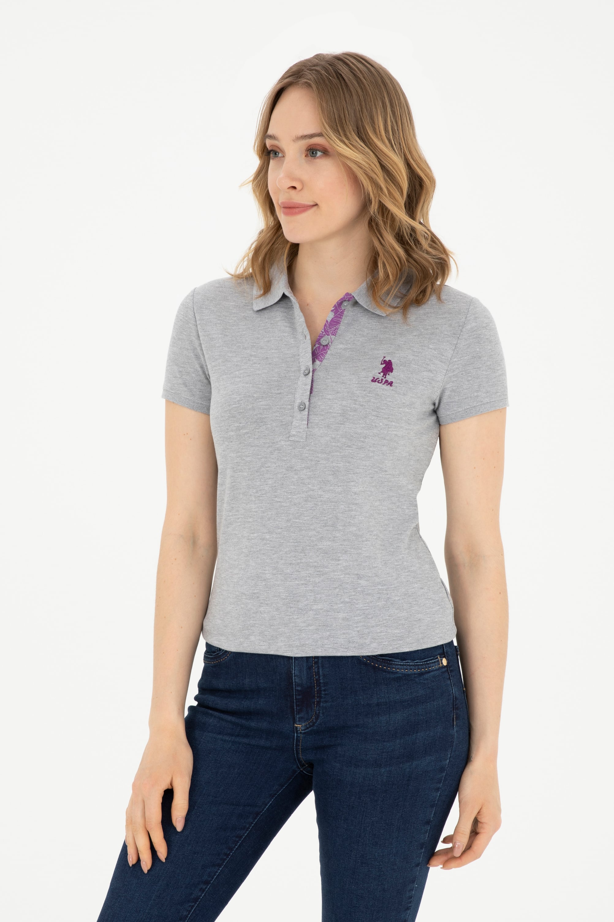 تی شرت یقه پولو خاکستری ملانژ اندامی زنانه یو اس پولو | US POLO ASSN