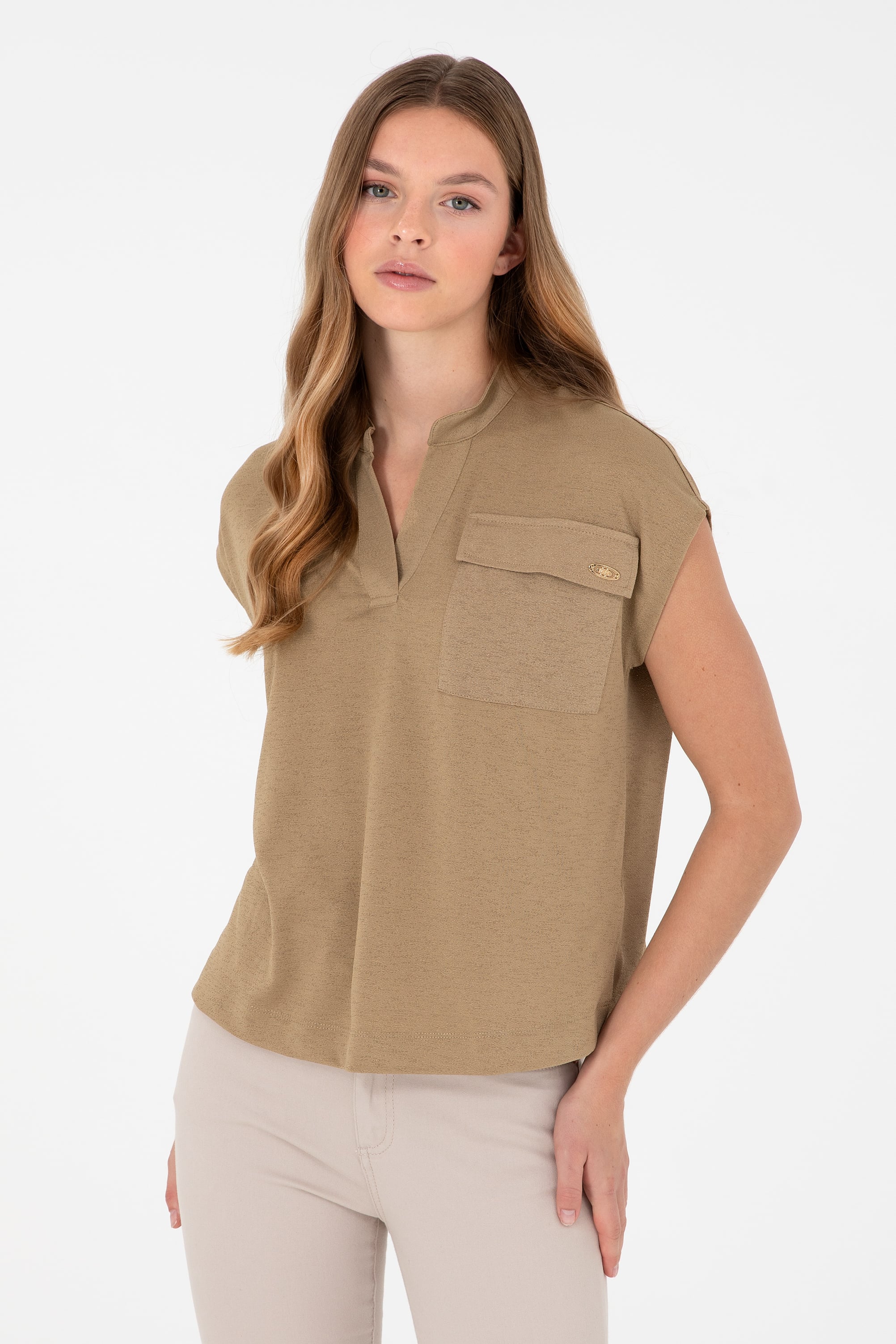 تی شرت یقه دیپلمات خاکی رگولار زنانه یو اس پولو | US POLO ASSN