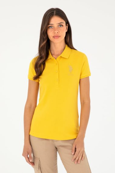 تی شرت یقه پولو زعفرانی  اندامی  زنانه یو اس پولو | US POLO ASSN