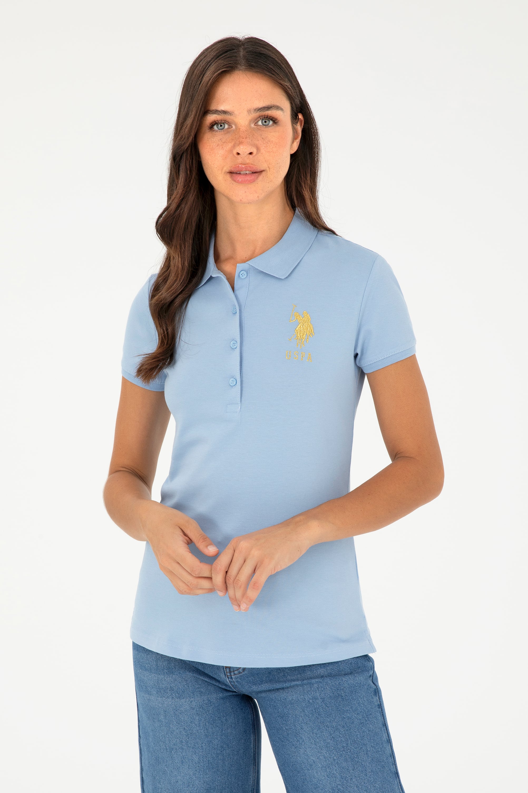 تی شرت یقه پولو سورمه ای روشن اندامی زنانه یو اس پولو | US POLO ASSN