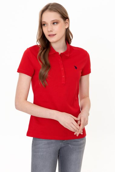 تی شرت یقه پولو قرمز  اندامی آستین کوتاه زنانه یو اس پولو | US POLO ASSN