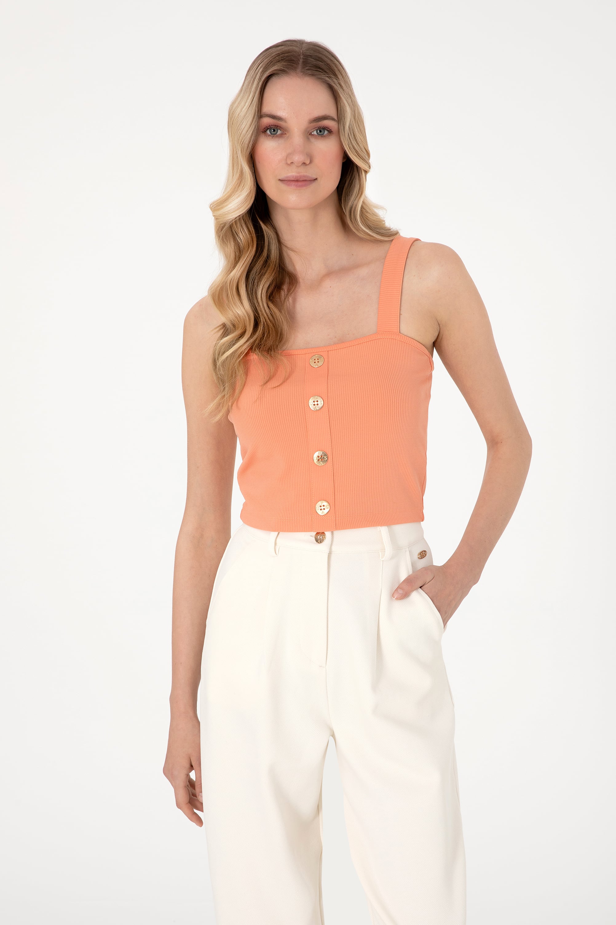 تی شرت یقه یو شکل گل بهی Crop Top زنانه یو اس پولو | US POLO ASSN