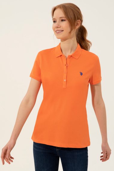 تی شرت یقه پولو نارنجی  اندامی آستین کوتاه زنانه یو اس پولو | US POLO ASSN