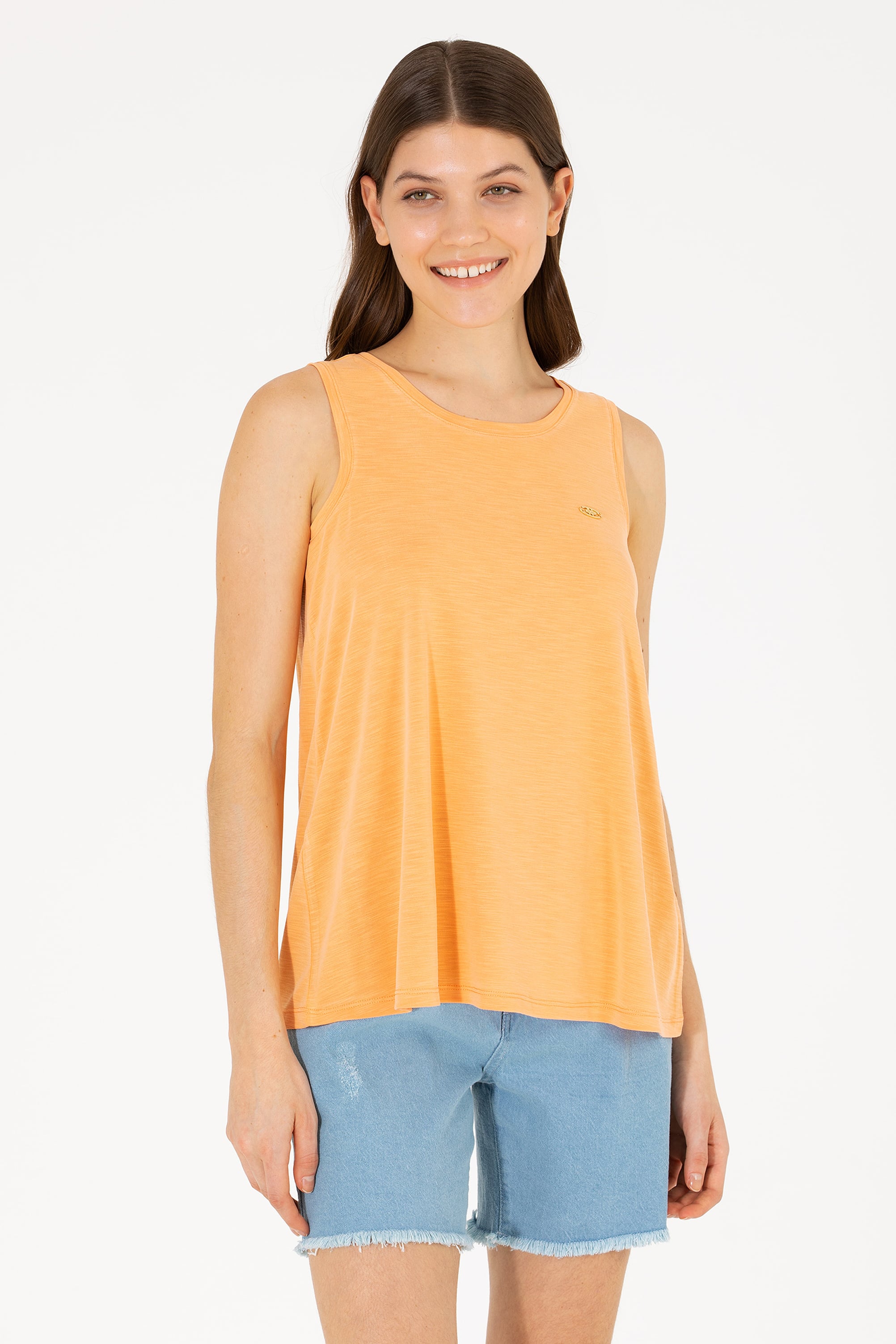 تی شرت یقه گرد نارنجی A-Form بدون آستین زنانه یو اس پولو | US POLO ASSN