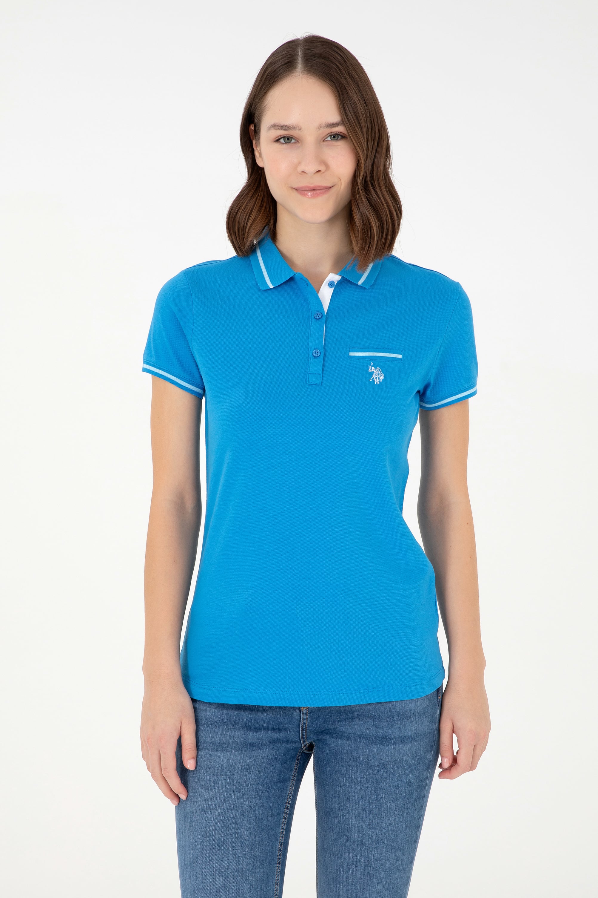 پولوشرت یقه پولو آبی اندامی زنانه یو اس پولو | US POLO ASSN