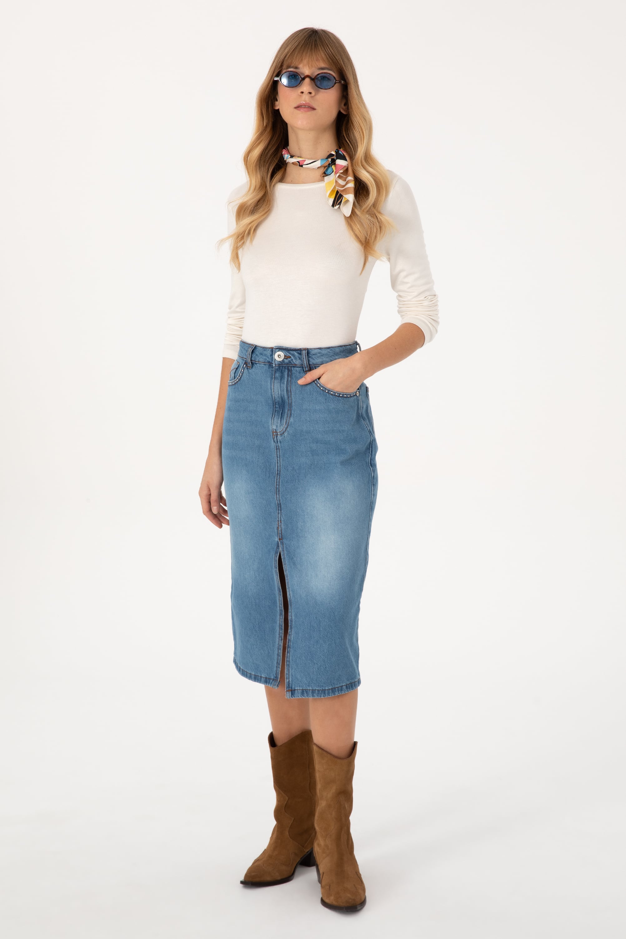 دامن جین زنانه آبی بلند میدی آبی SLIM (ETEK)S زنانه یو اس پولو | US POLO ASSN