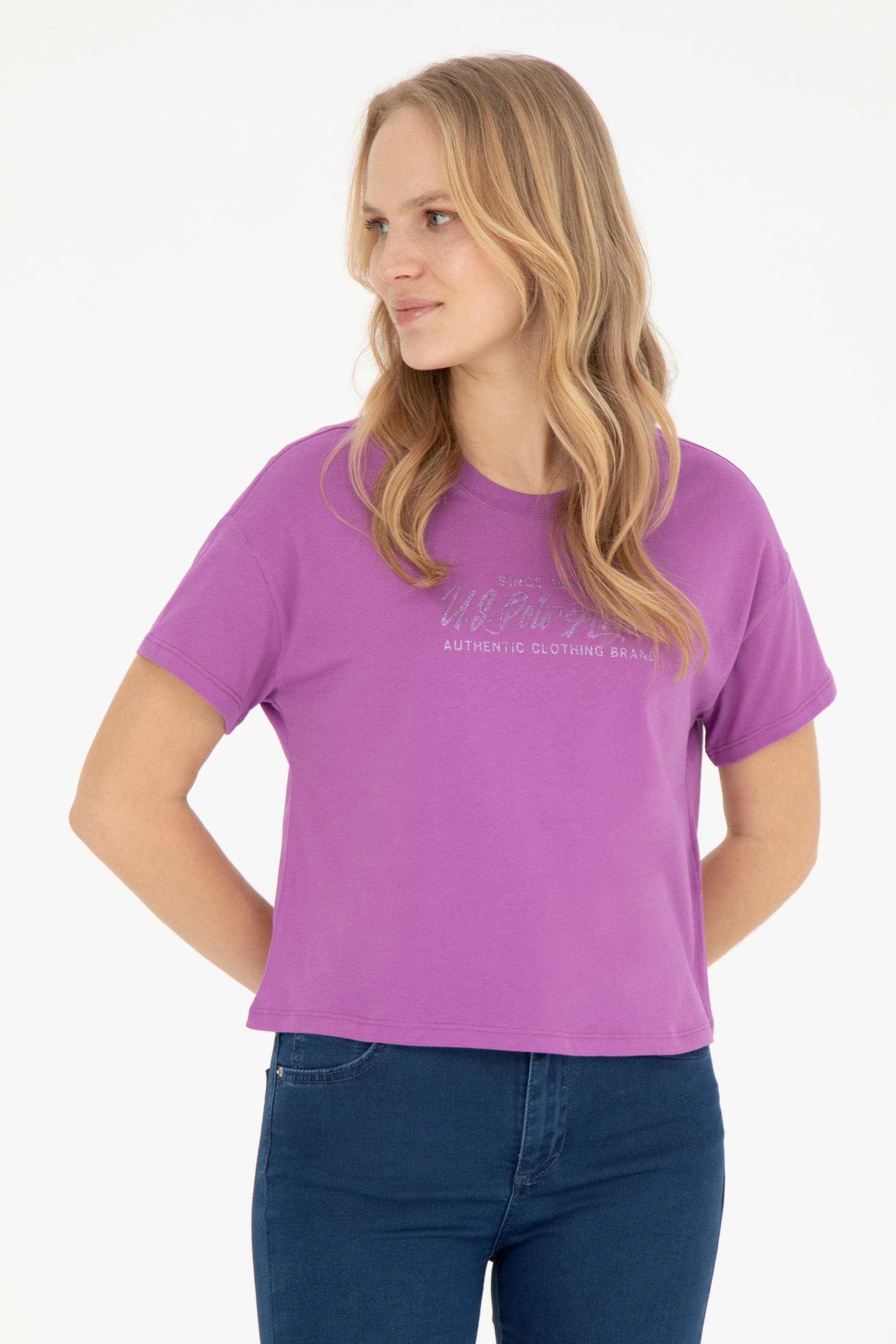 تی شرت یقه گرد یقه گرد بنفش Crop Top آستین کوتاه زنانه یو اس پولو | US POLO ASSN