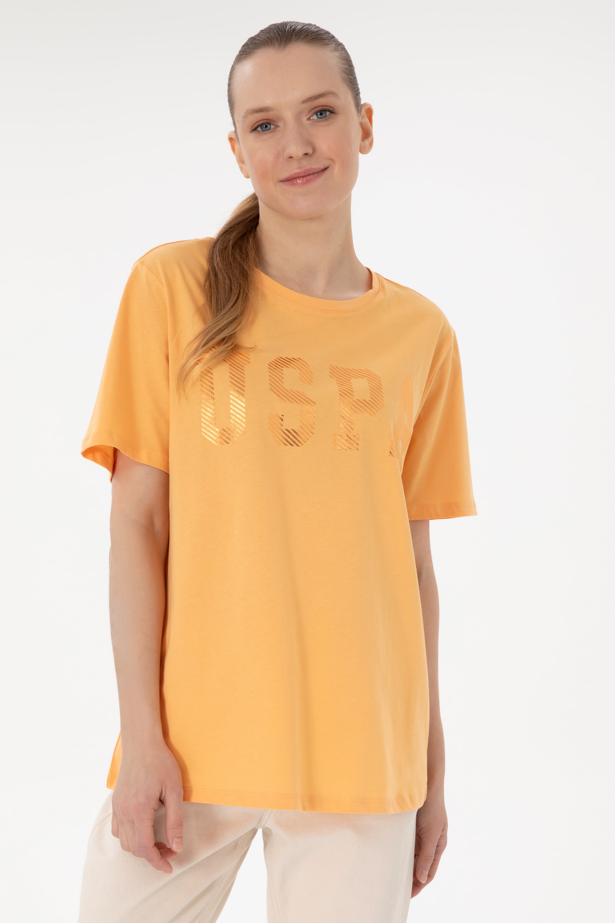 تی شرت یقه گرد زرد ریلکس زنانه یو اس پولو | US POLO ASSN