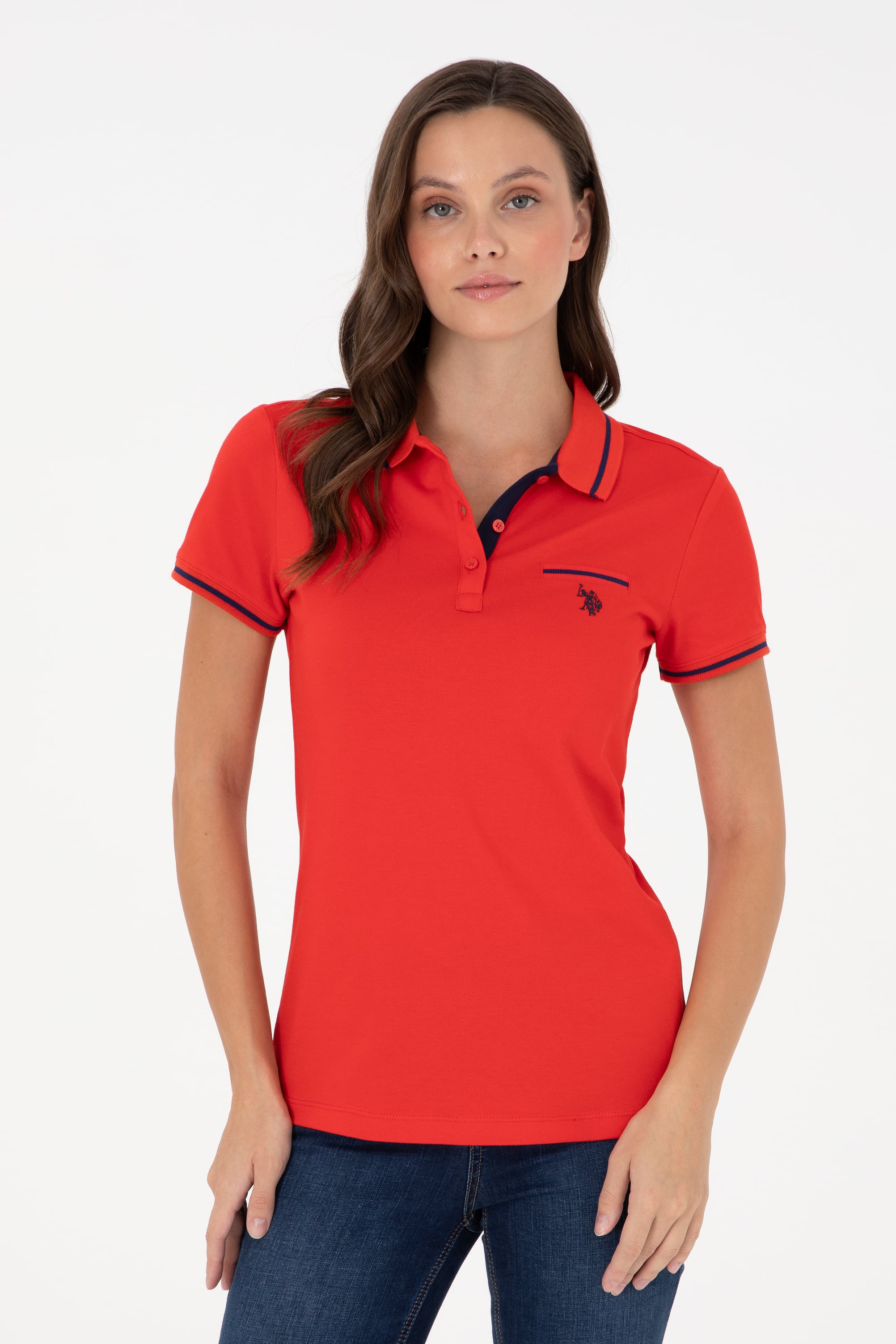 پولوشرت یقه پولو قرمز اندامی زنانه یو اس پولو | US POLO ASSN