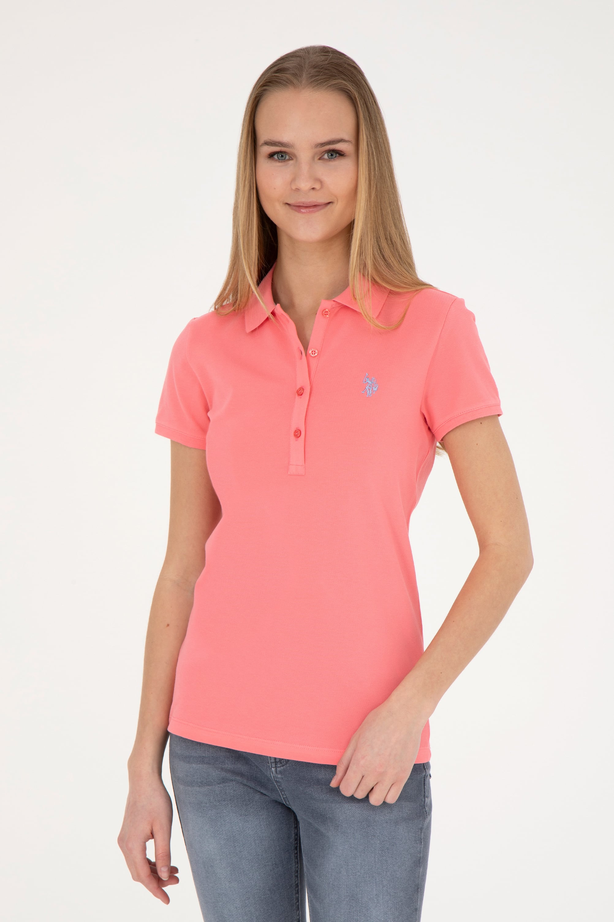تی شرت پولوشرت یقه پولو صورتی اندامی زنانه یو اس پولو | US POLO ASSN