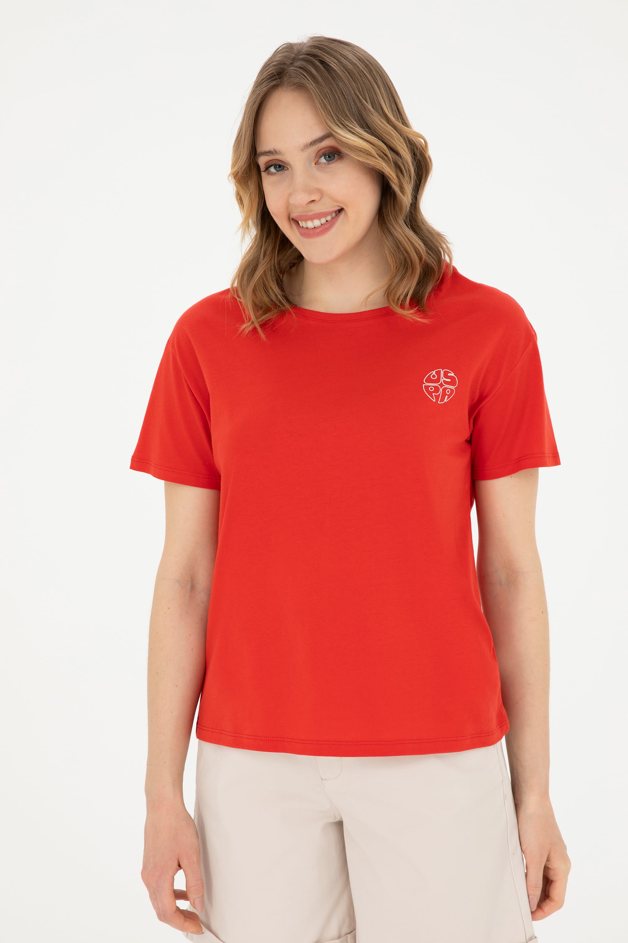 تی شرت یقه گرد یقه گرد قرمز ریلکس زنانه یو اس پولو | US POLO ASSN