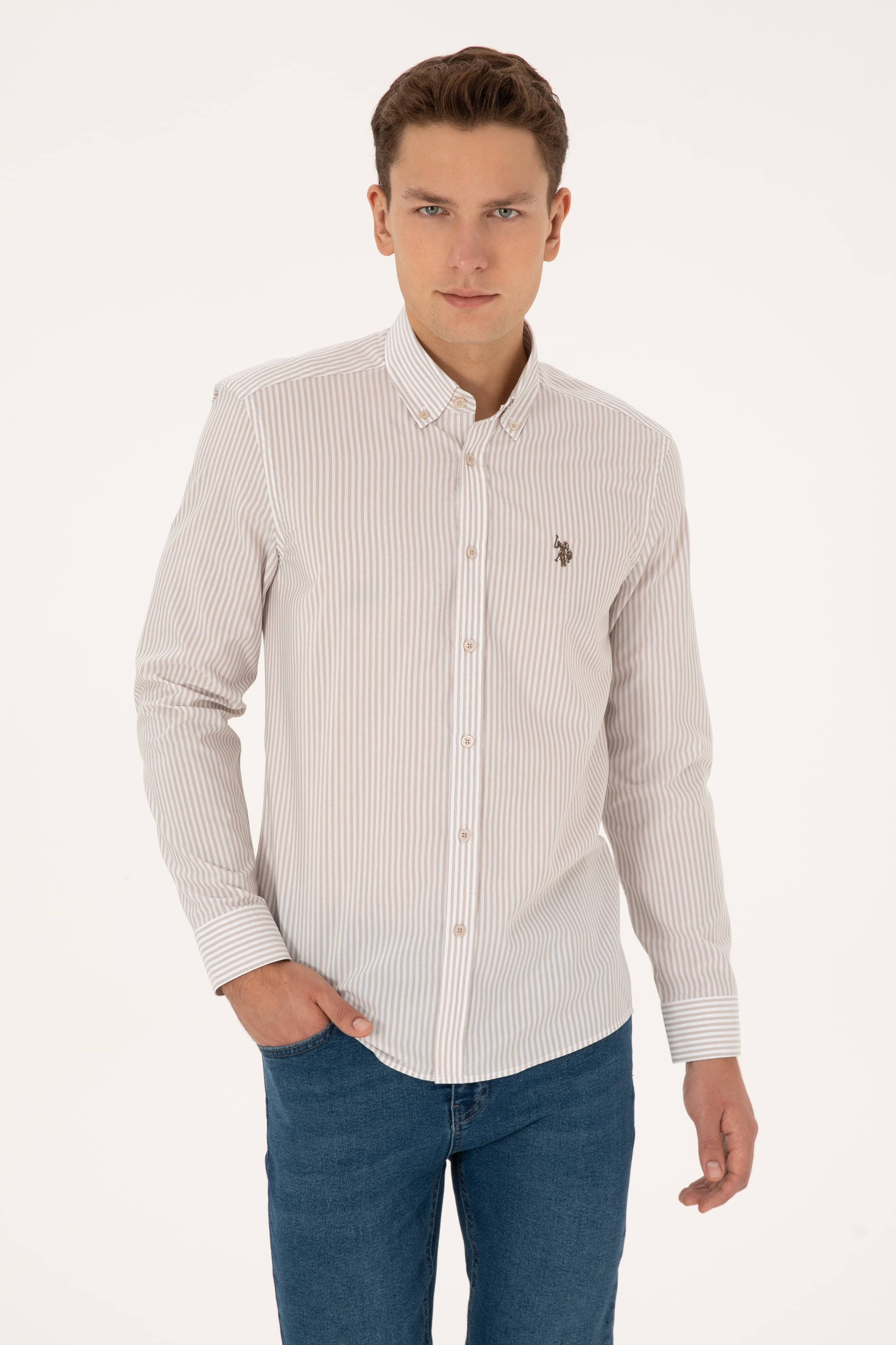 پیراهن خاکستری اندامی مردانه یو اس پولو | US POLO ASSN