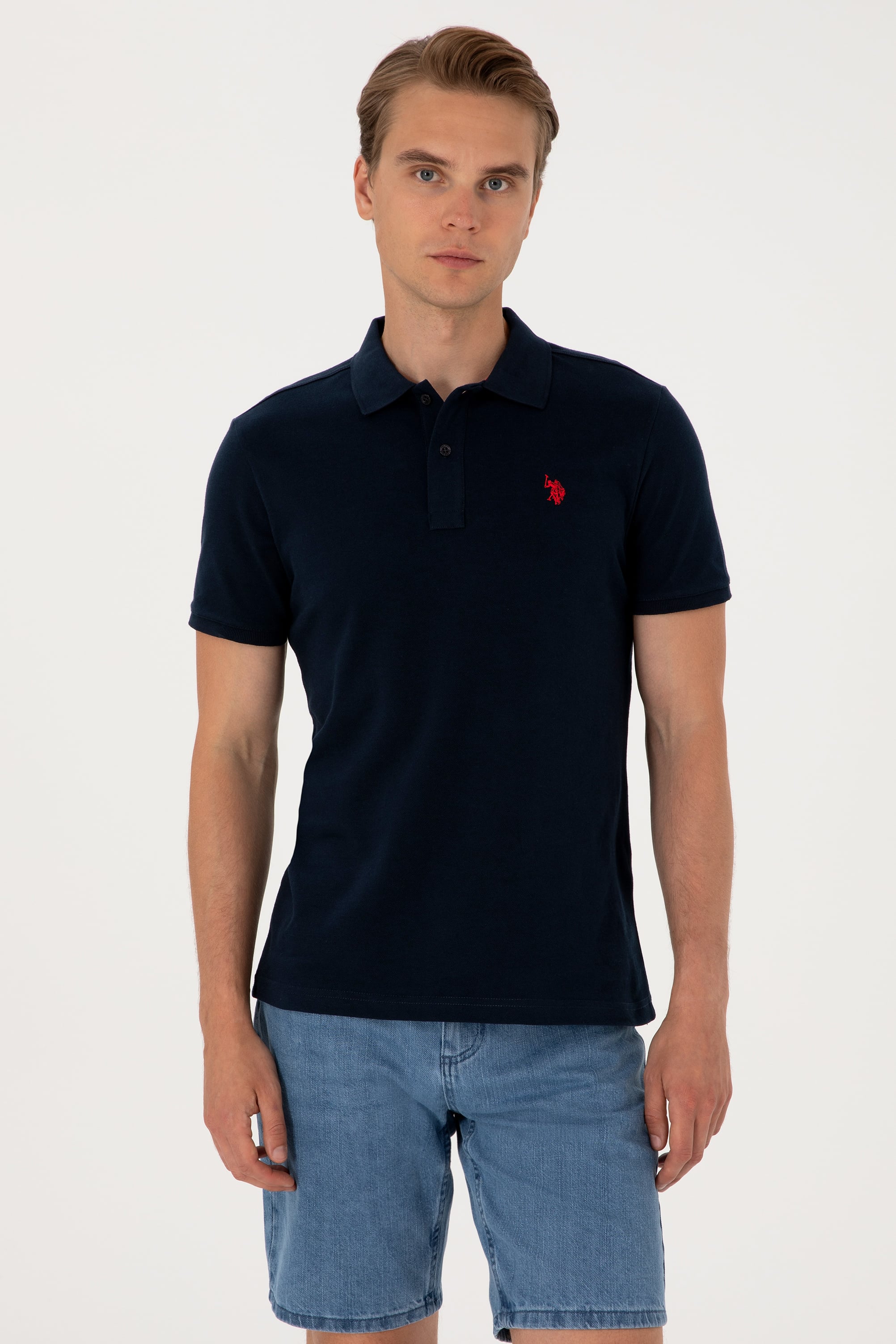 تی شرت یقه پیراهنی لاجوردی تیره اندامی آستین کوتاه مردانه یو اس پولو | US POLO ASSN