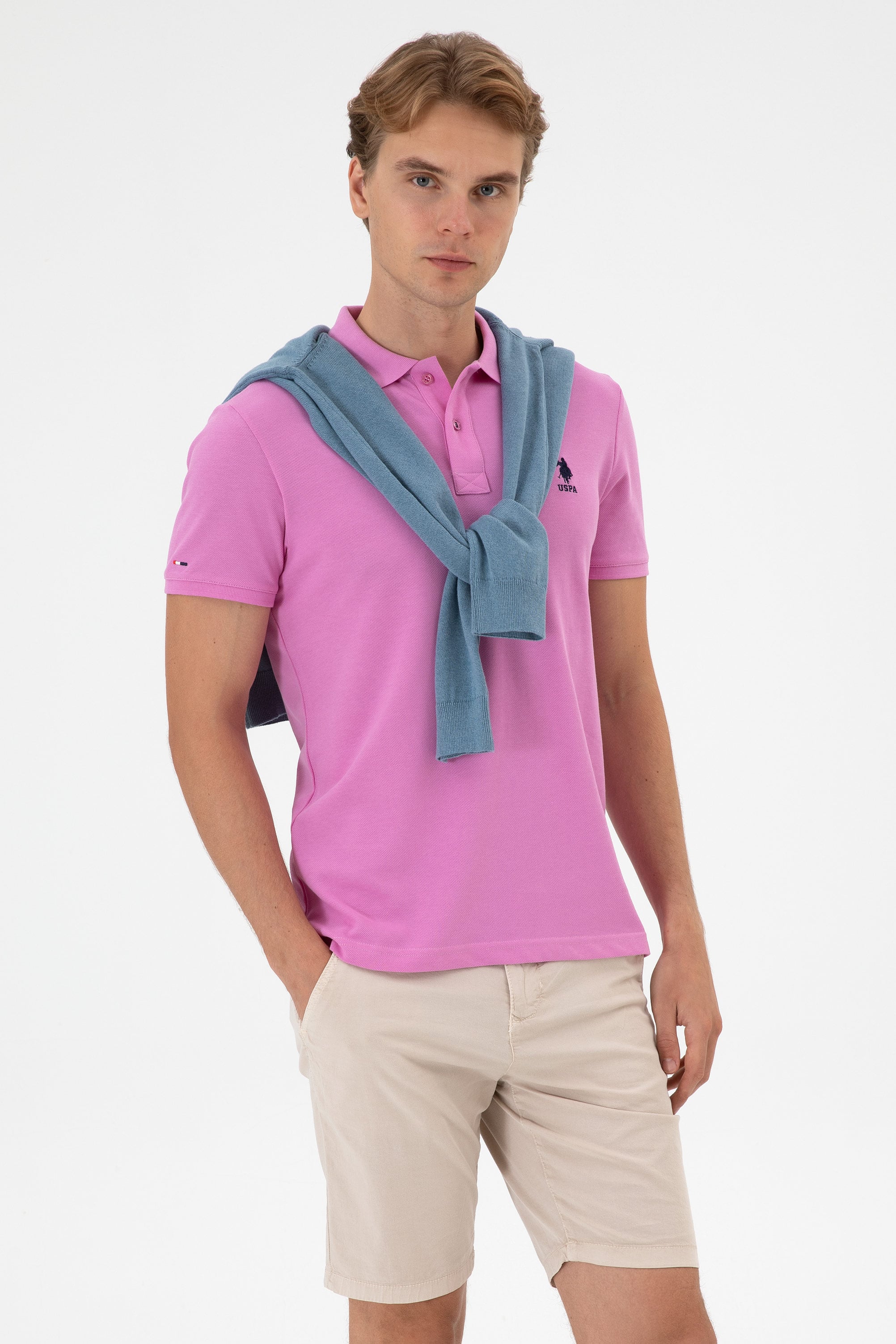 تی شرت یقه پیراهنی ارغوانی اندامی آستین کوتاه مردانه یو اس پولو | US POLO ASSN