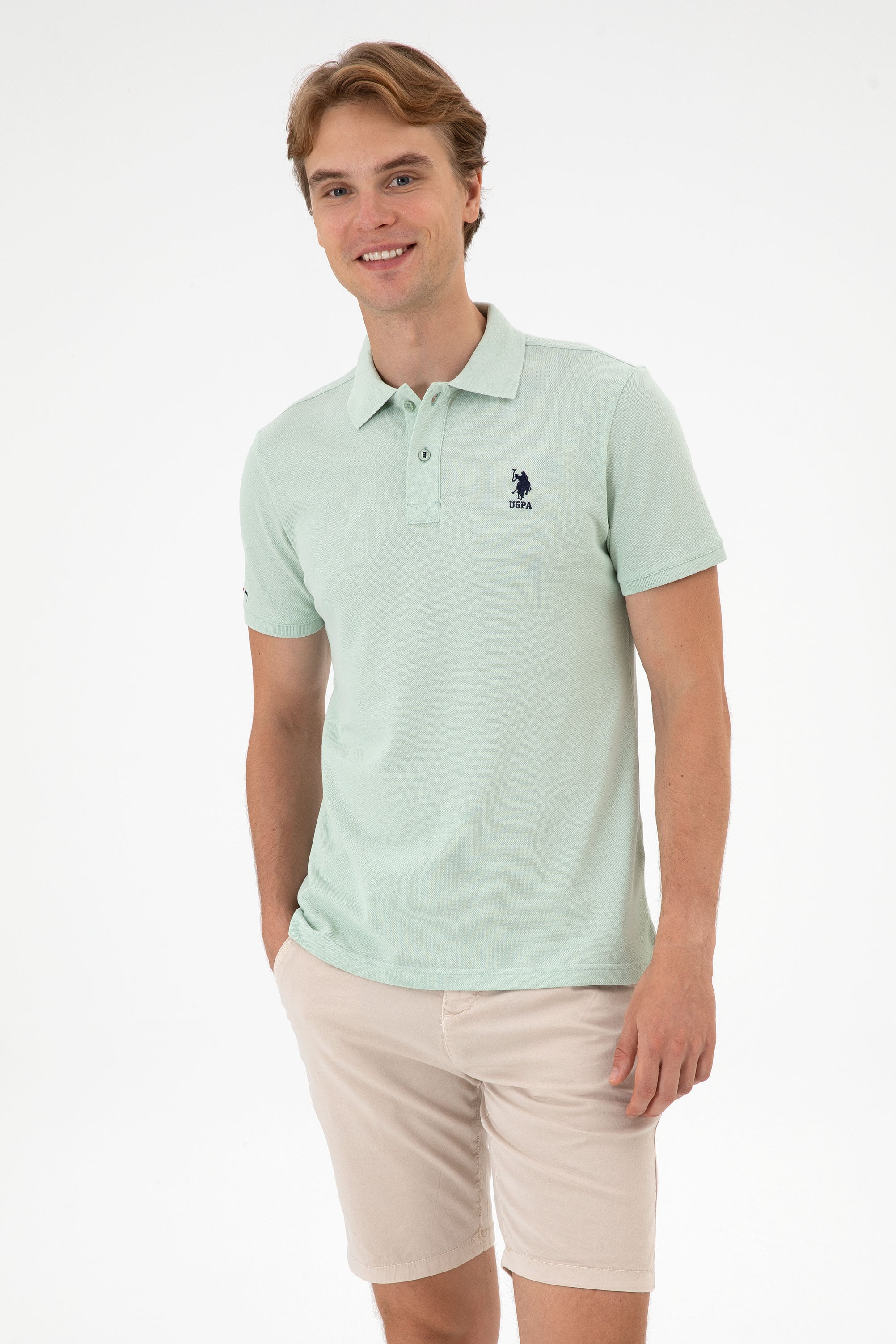 تی شرت یقه پیراهنی سبزآبی اندامی آستین کوتاه مردانه یو اس پولو | US POLO ASSN
