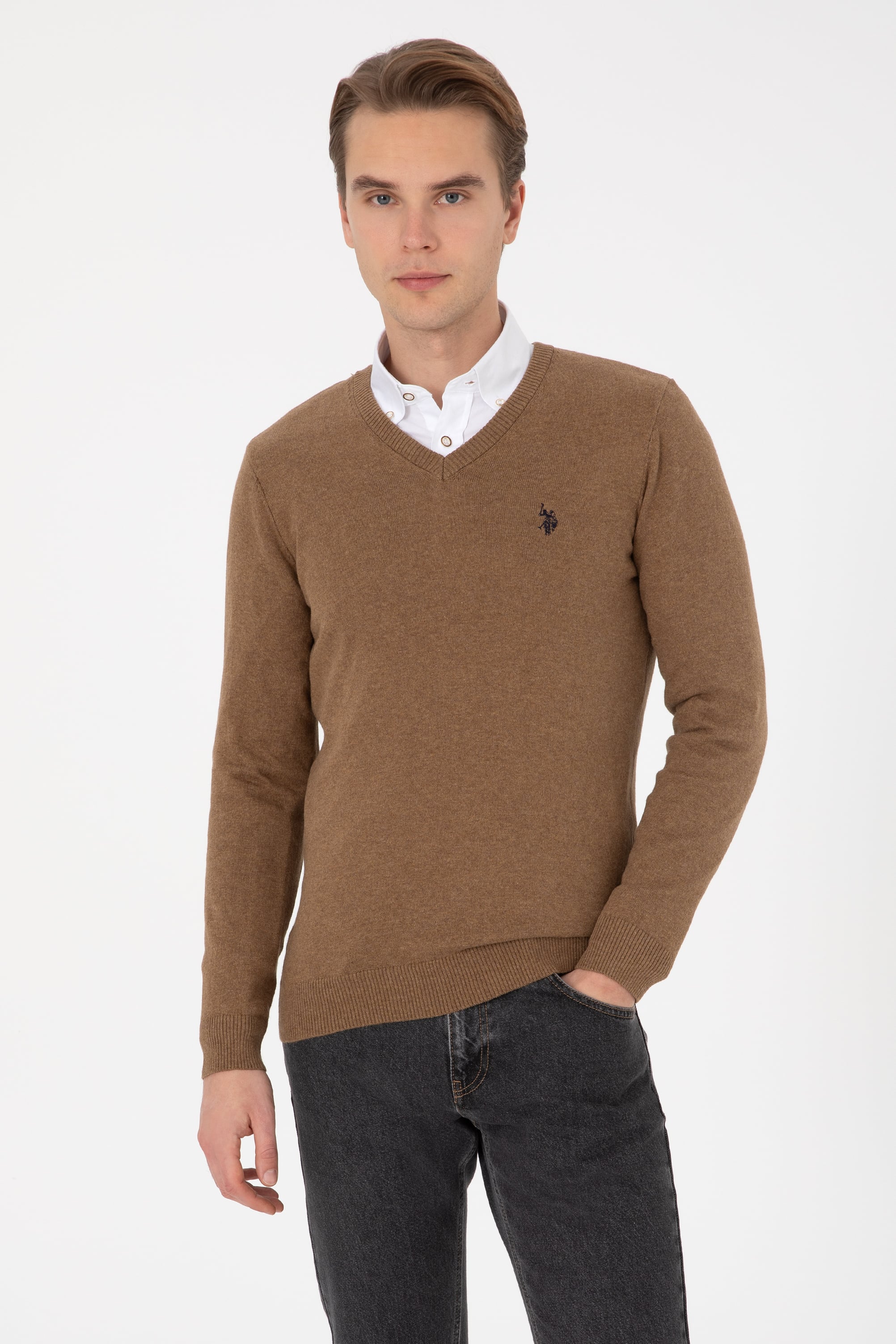 بافت خاکی ملانژ اندامی مردانه یو اس پولو | US POLO ASSN
