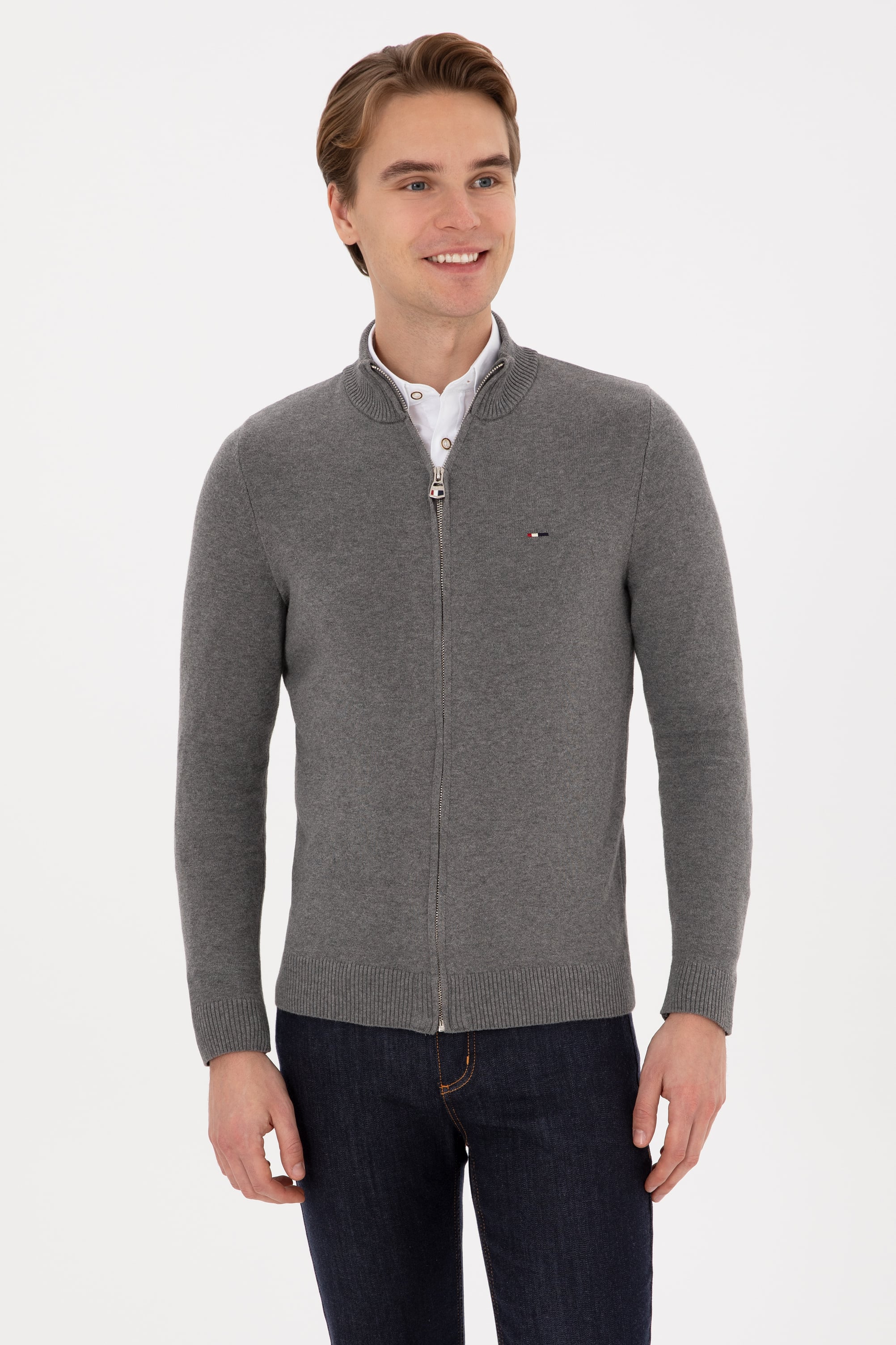 ژاکت خاکستری ملانژ اندامی مردانه یو اس پولو | US POLO ASSN