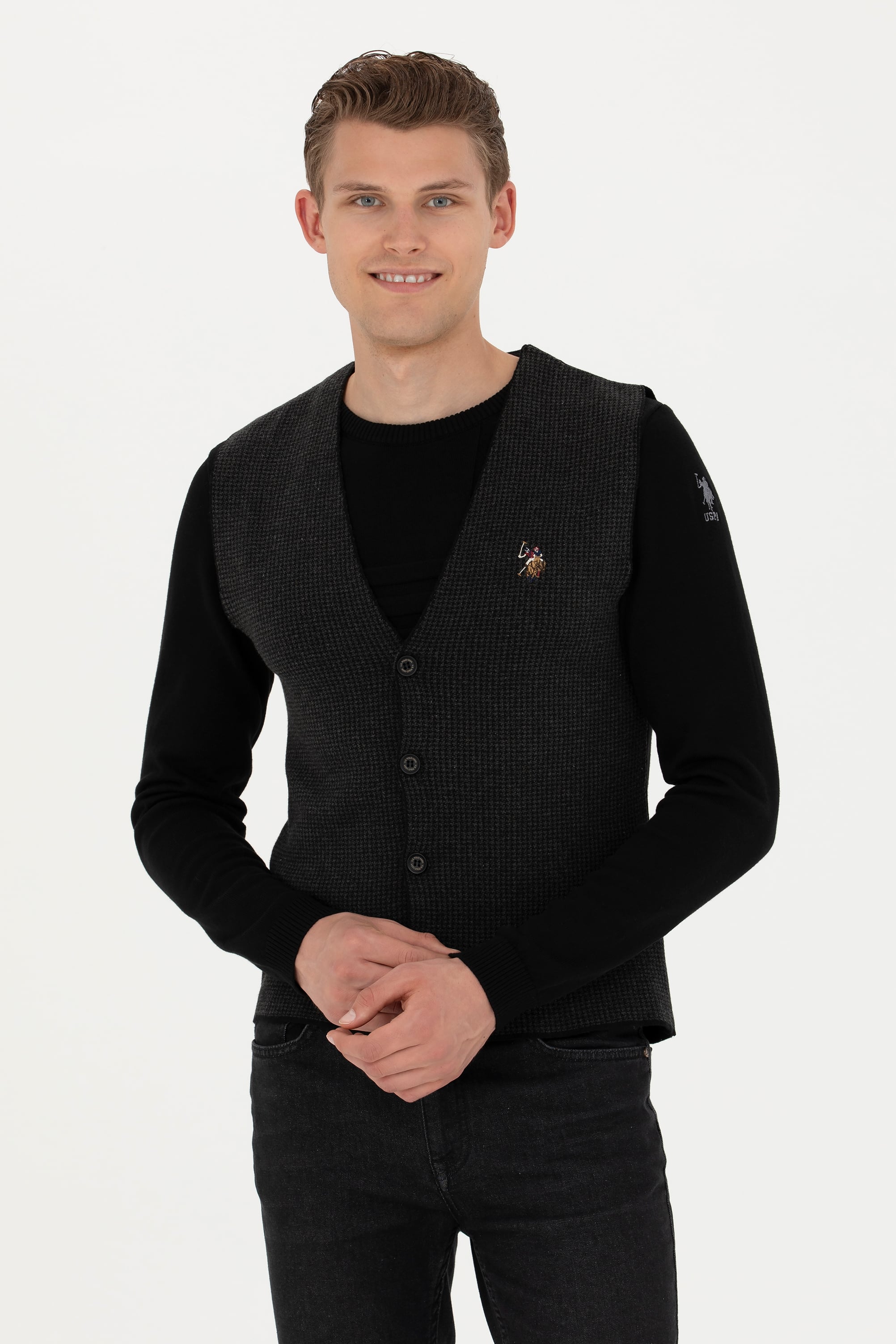 ژاکت یقه هفت سیاه استاندارد فیت مردانه یو اس پولو | US POLO ASSN