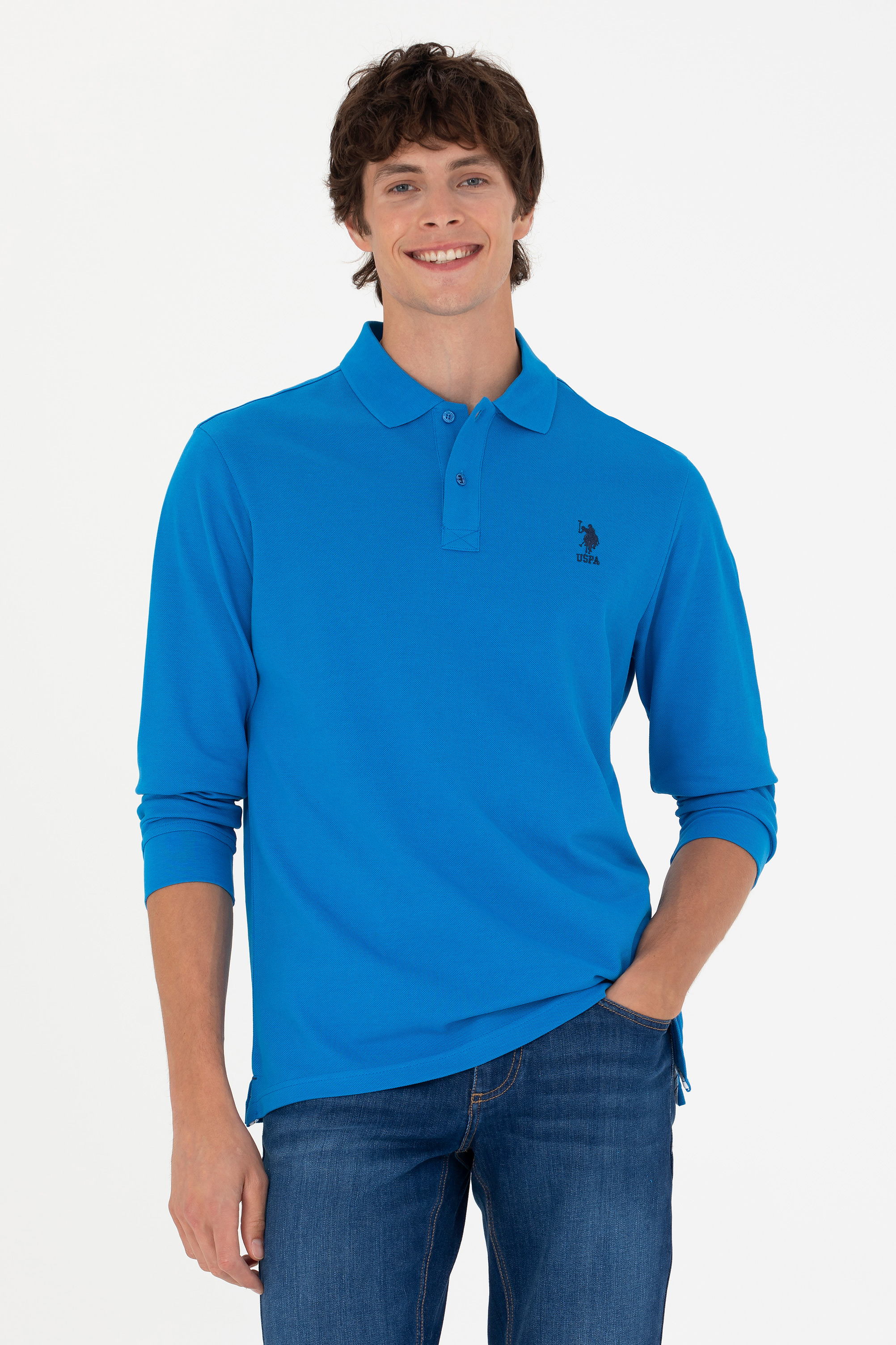 سویشرت یقه پولو آبی کوبالت رگولار آستین بلند مردانه یو اس پولو | US POLO ASSN