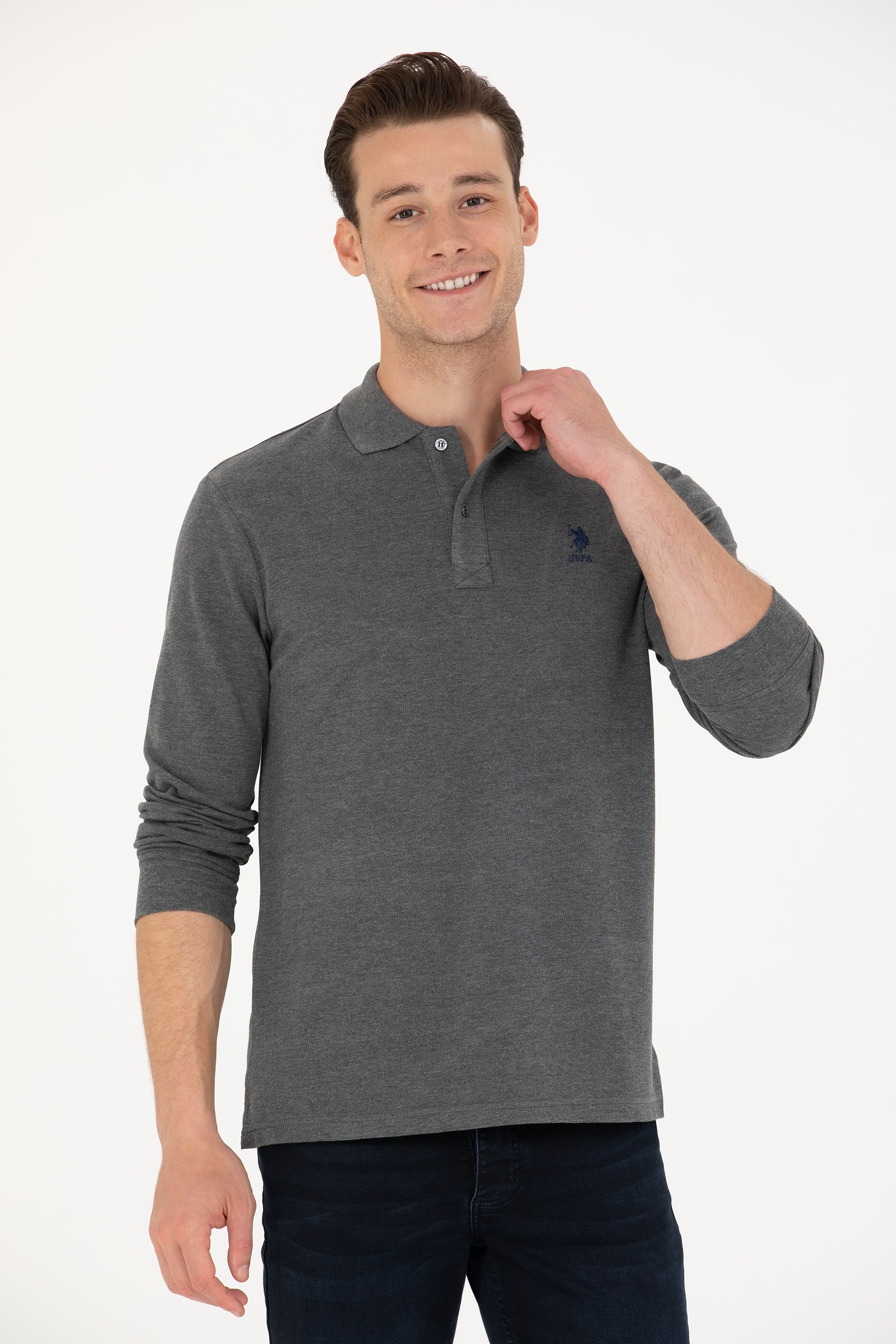سویشرت یقه پولو زغالی ملانژ رگولار آستین بلند مردانه یو اس پولو | US POLO ASSN