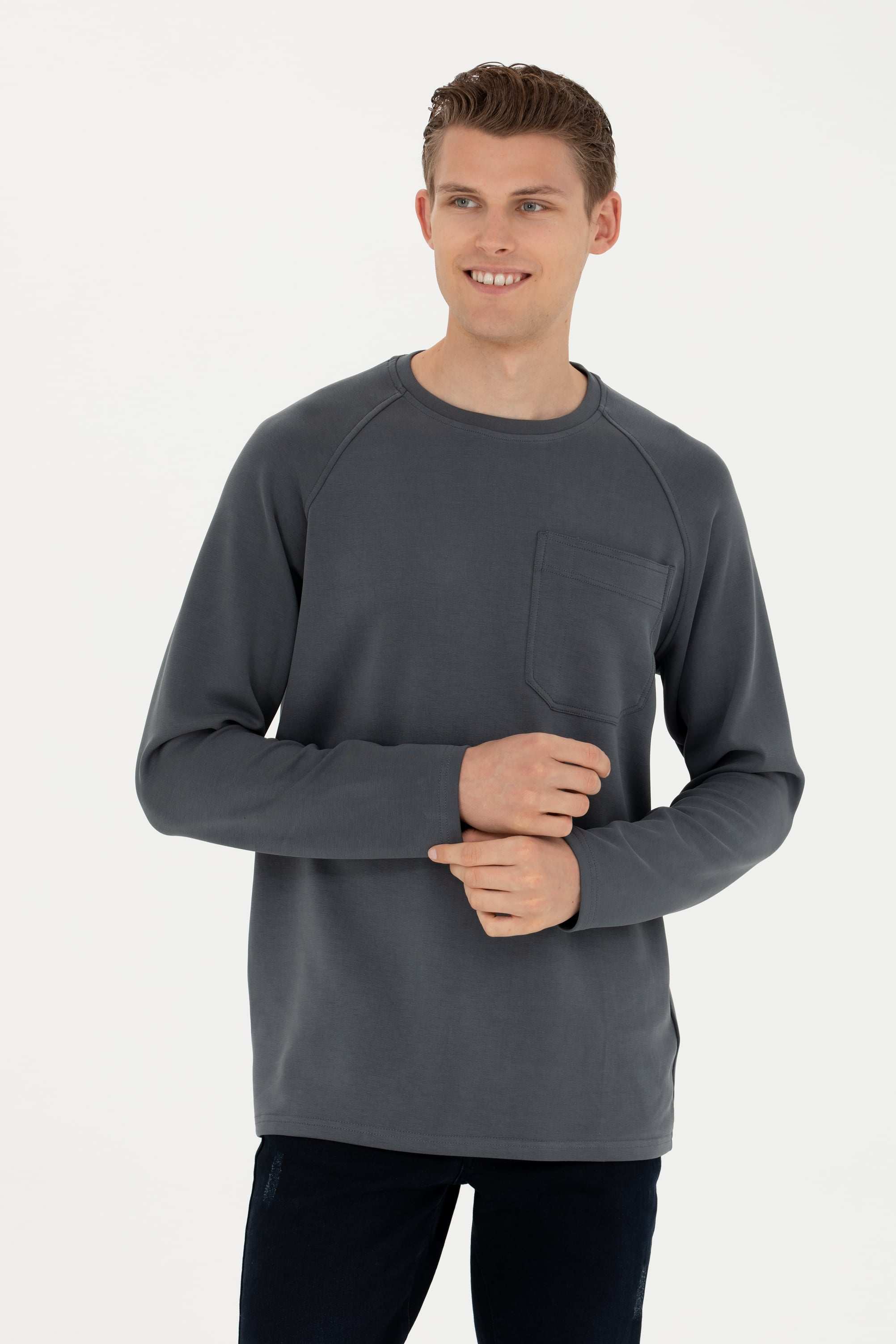 سویشرت یقه گرد زغالی ریلکس آستین بلند مردانه یو اس پولو | US POLO ASSN