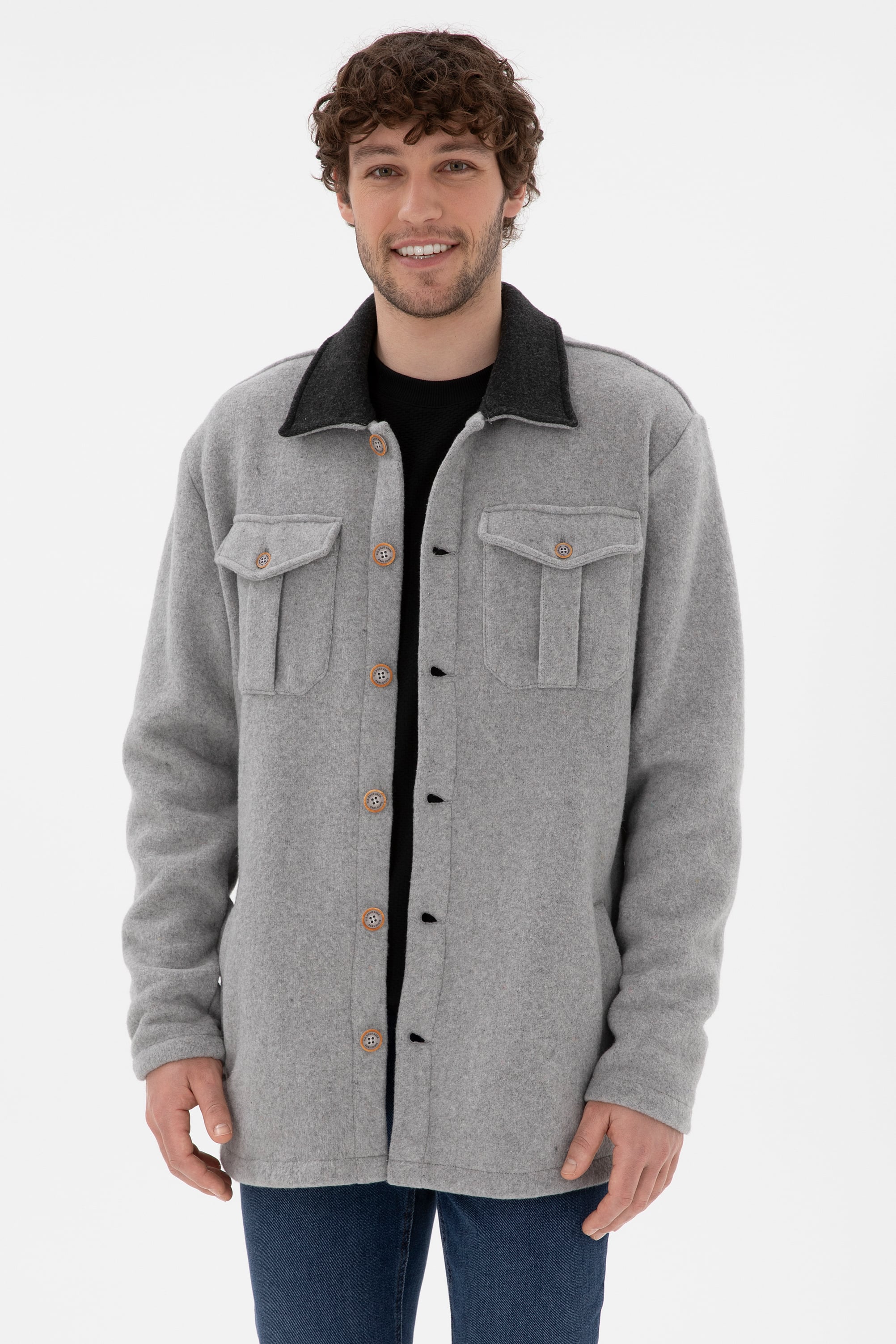 سویشرت یقه پیراهنی خاکستری ملانژ ریلکس آستین بلند مردانه یو اس پولو | US POLO ASSN