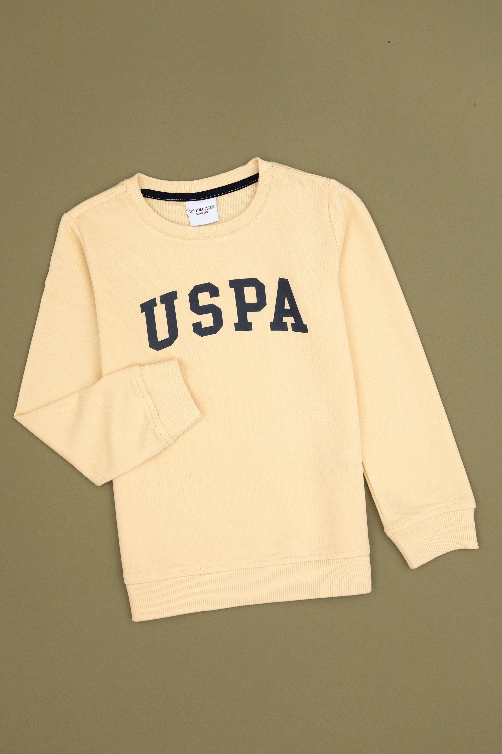 سویشرت یقه گرد ساده سفید وانیلی رگولار پسرانه یو اس پولو | US POLO ASSN