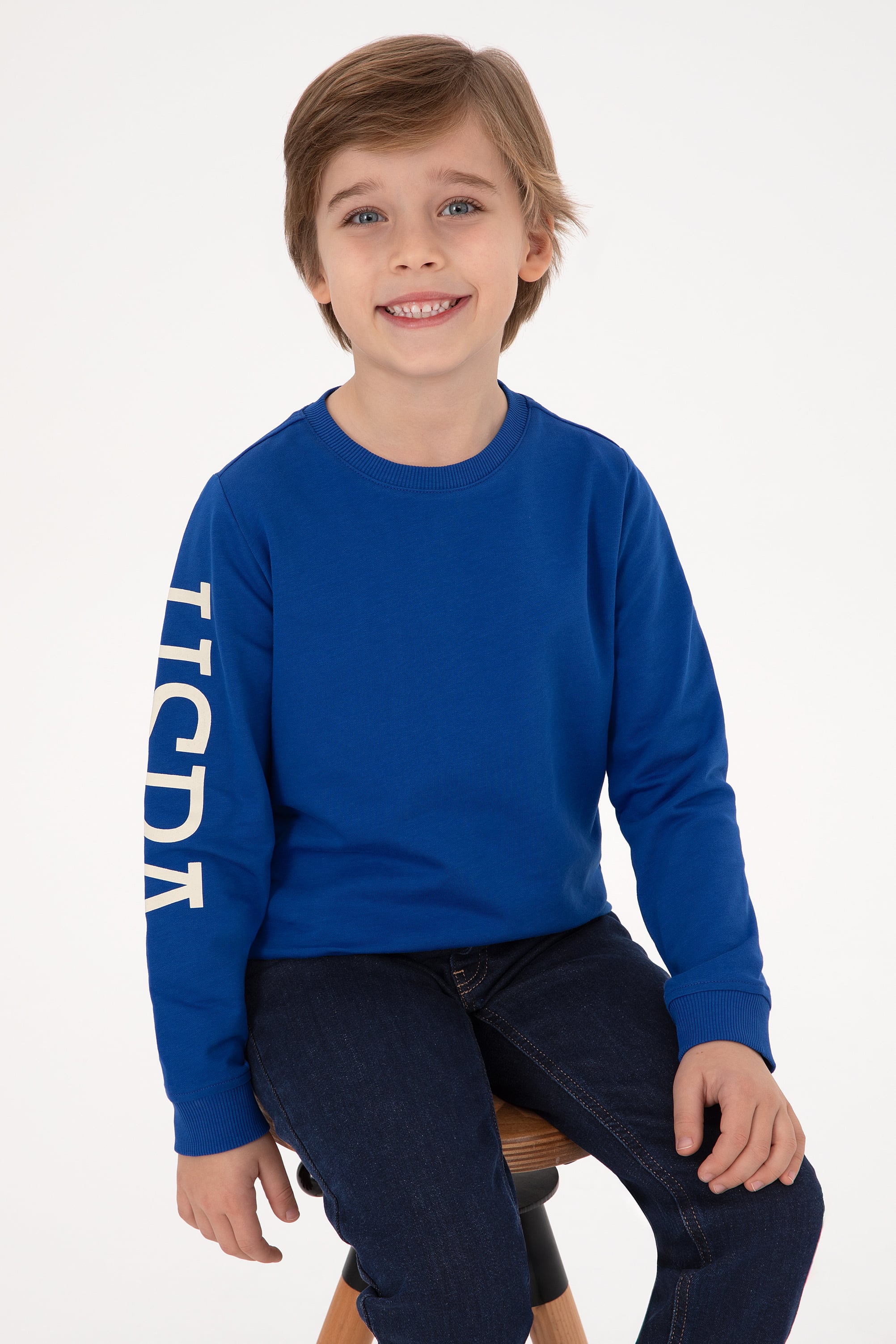 سویشرت یقه گرد آبی ساده آبی رگولار پسرانه یو اس پولو | US POLO ASSN