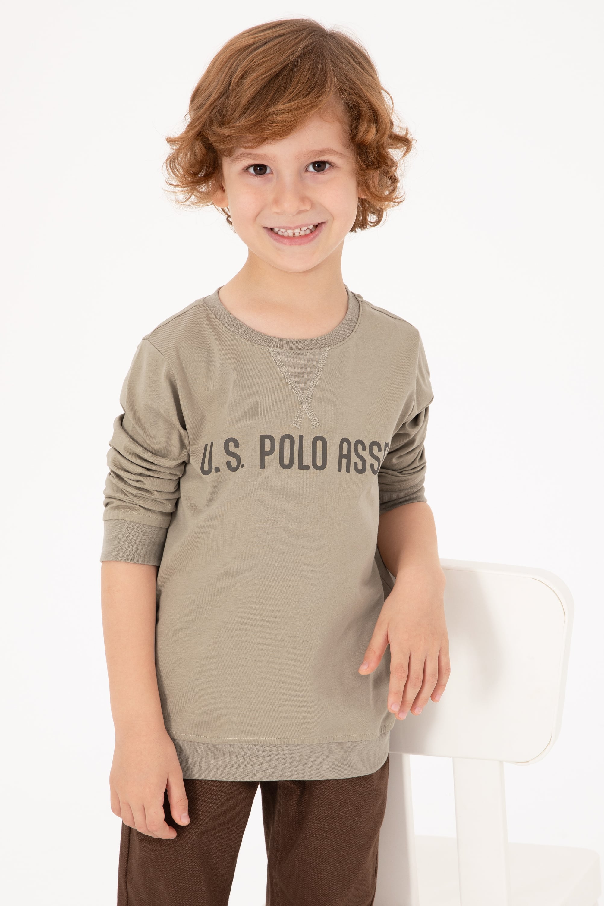 سویشرت یقه گرد خاکی روشن خاکی روشن رگولار پسرانه یو اس پولو | US POLO ASSN