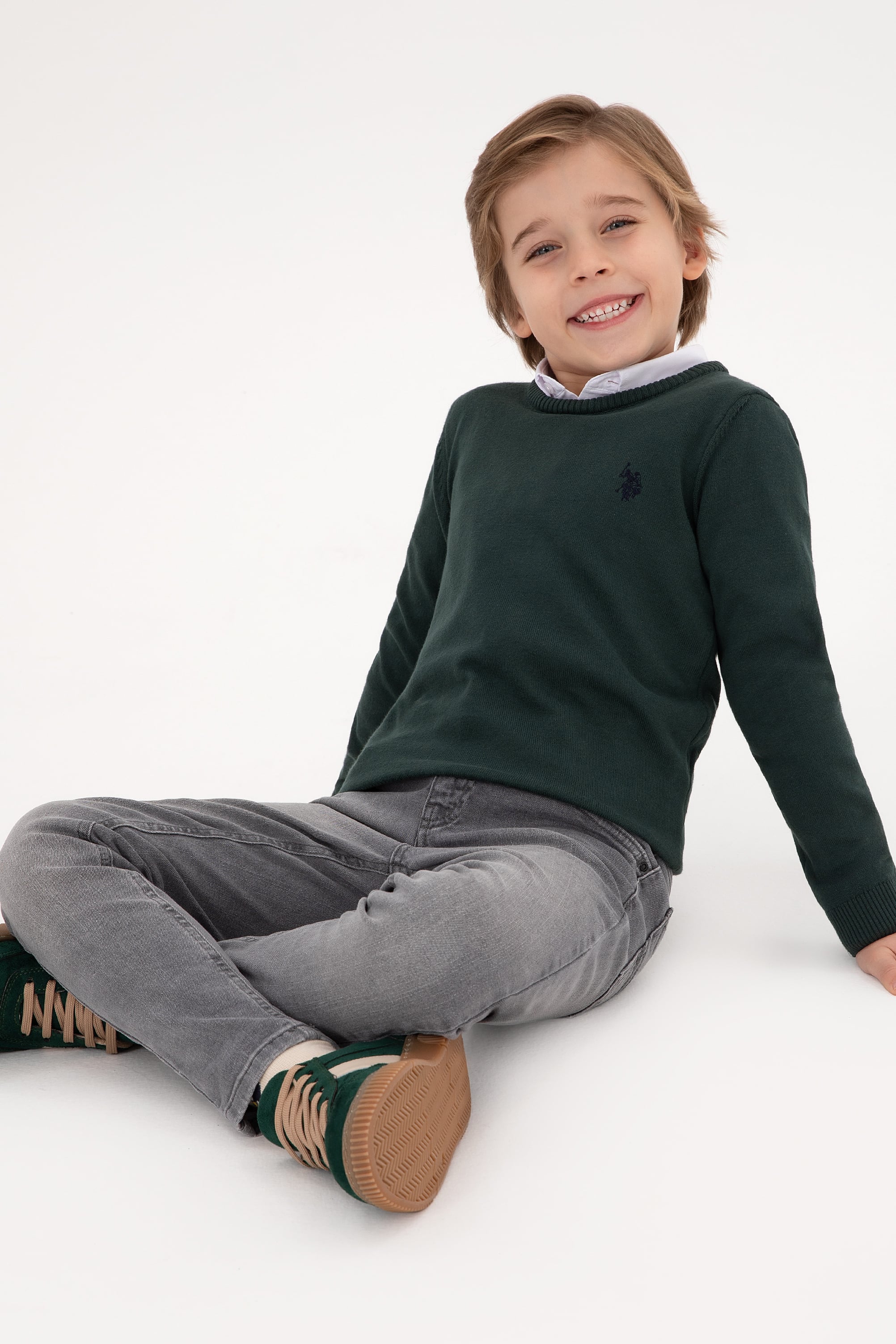ژاکت بافتنی یقه گرد رنگ سبز اندامی پسرانه یو اس پولو | US POLO ASSN
