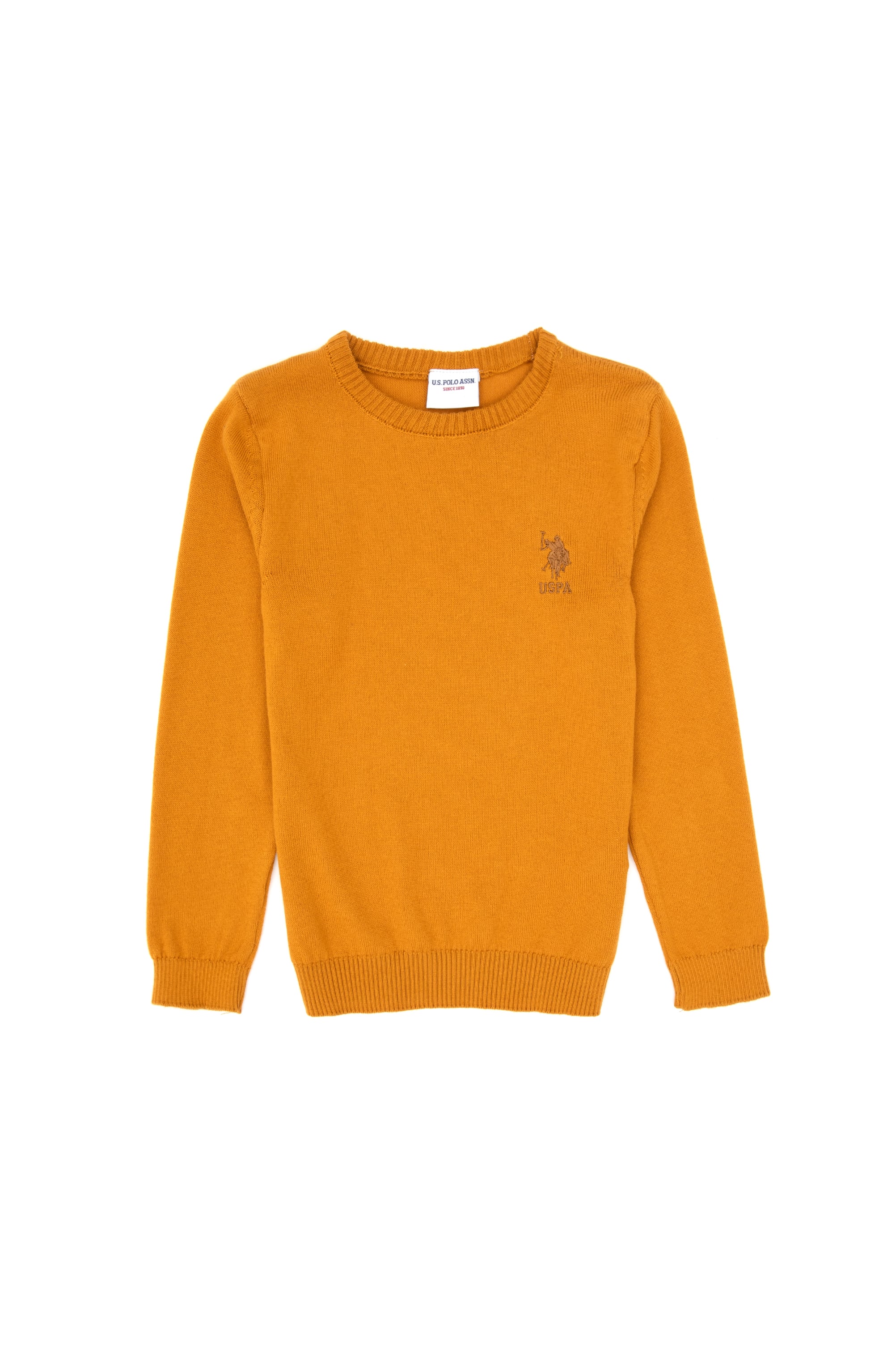 ژاکت بافتنی یقه گردزرد خردلی اندامی پسرانه یو اس پولو | US POLO ASSN