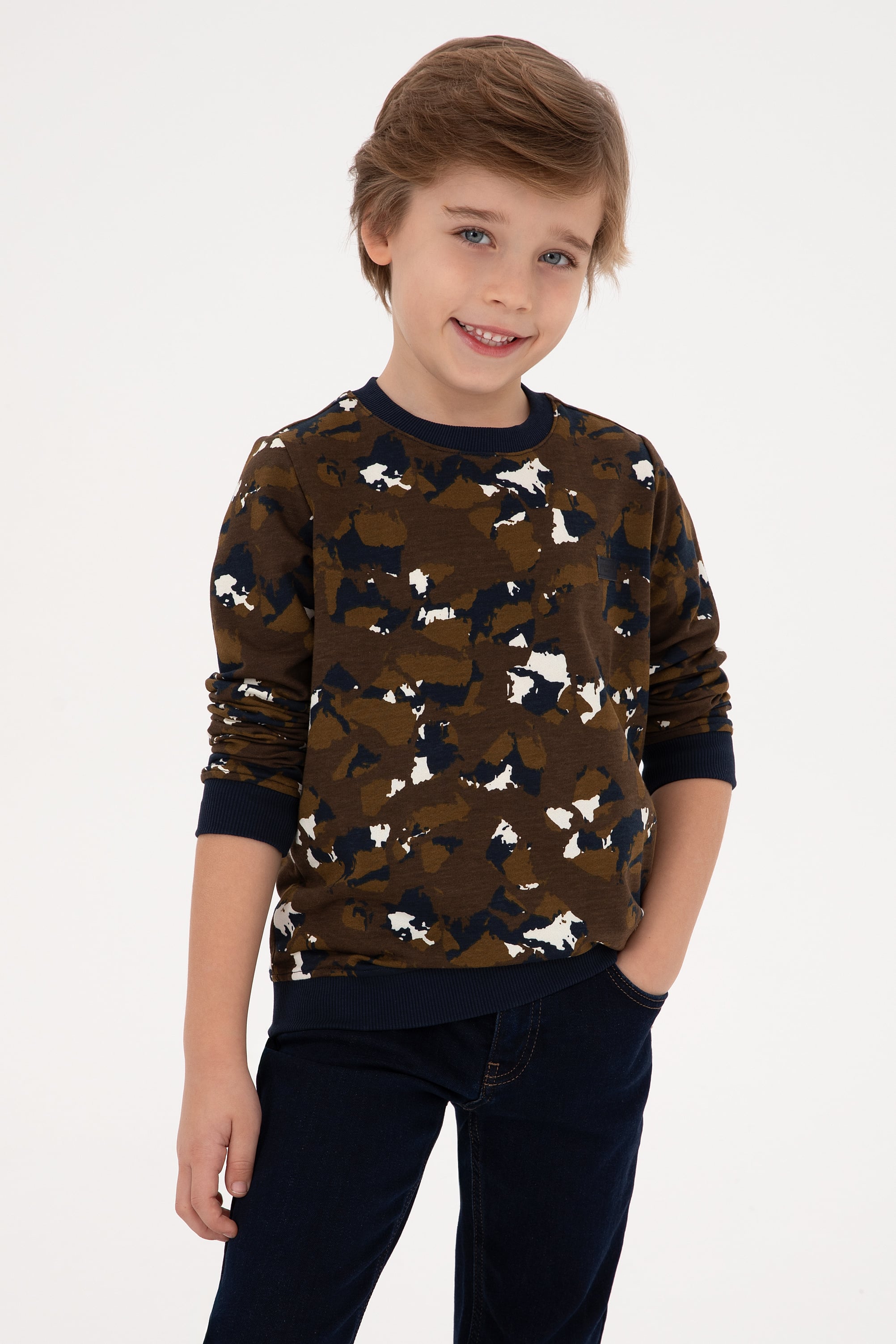 سویشرت یقه گرد قهوهای قهوه ای رگولار پسرانه یو اس پولو | US POLO ASSN