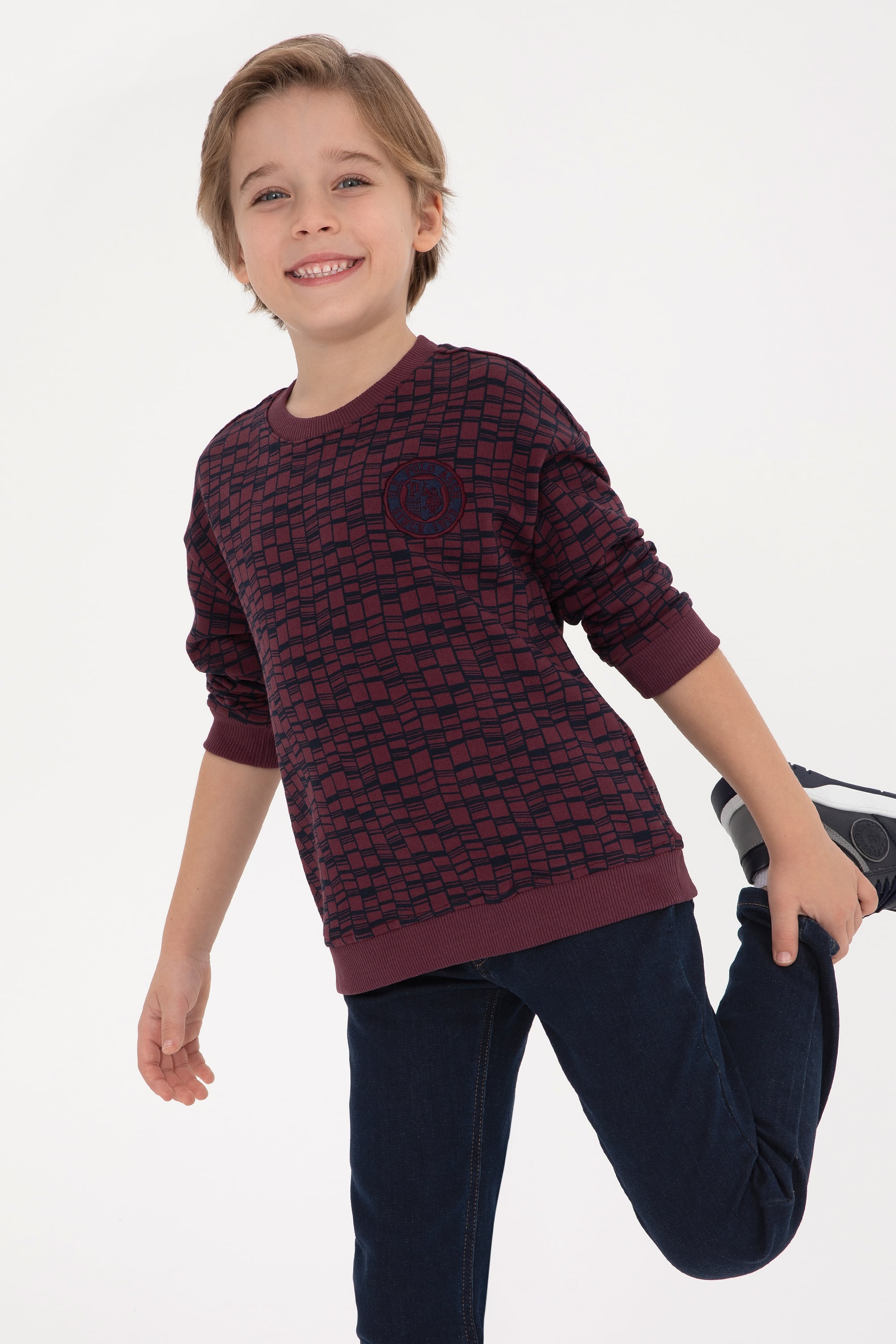 سویشرت یقه گرد زرشکی آلبالویی ریلکس پسرانه یو اس پولو | US POLO ASSN