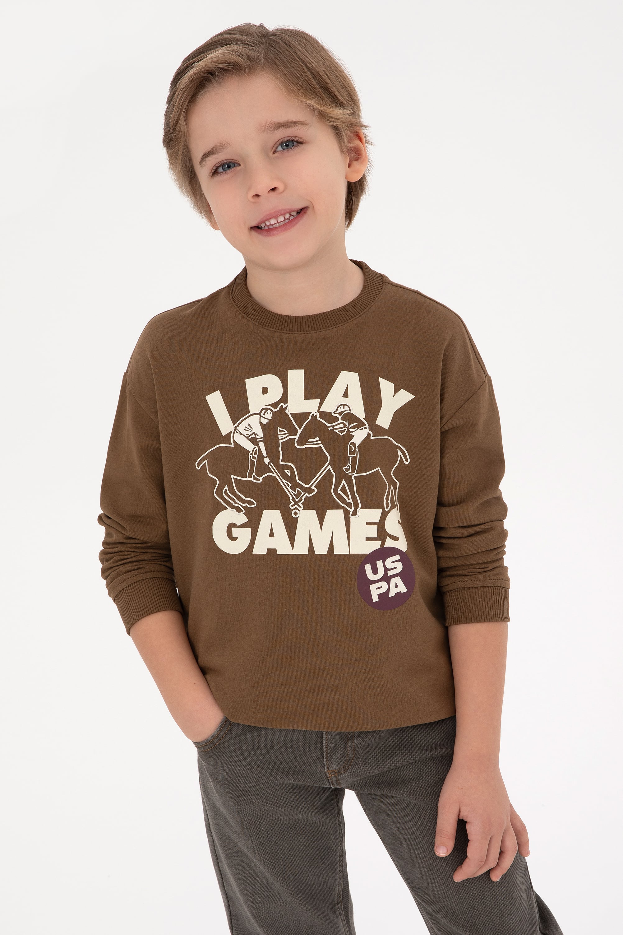سویشرت یقه گرد خاکی خاکی ریلکس پسرانه یو اس پولو | US POLO ASSN