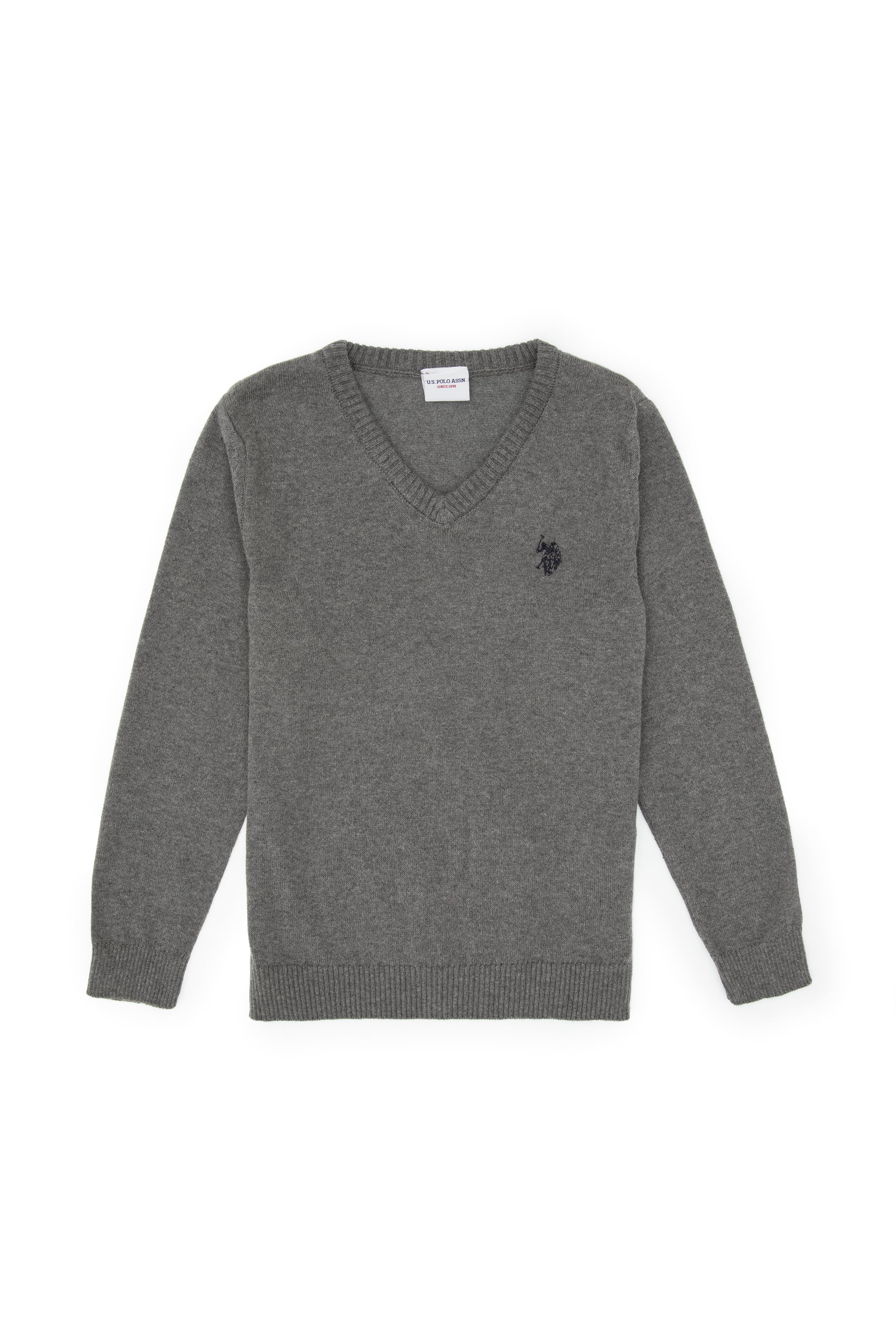 ژاکت بافتنی یقه هفتساده خاکستری ملانژ اندامی پسرانه یو اس پولو | US POLO ASSN