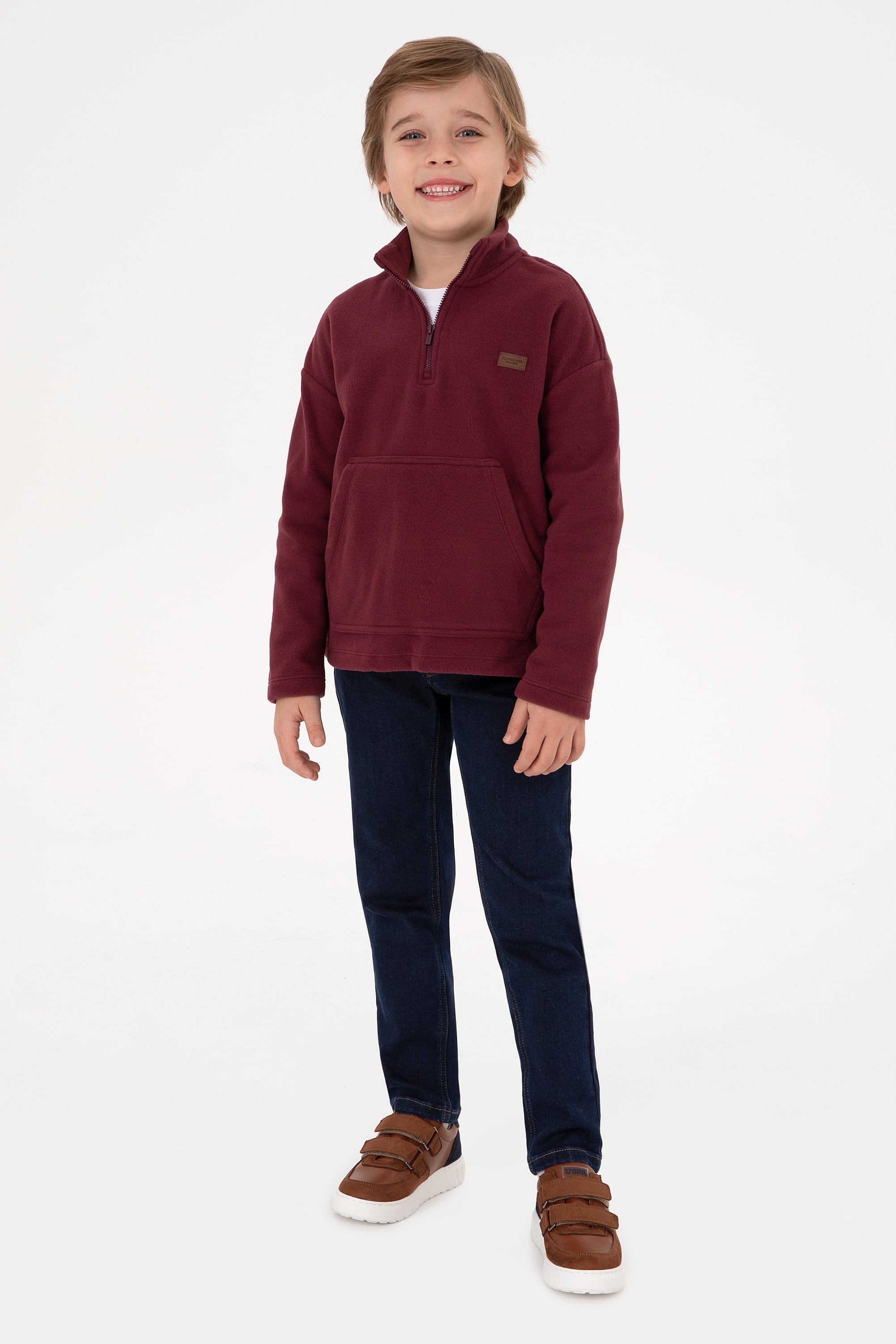 سویشرت پشمی نیم زیپ زرشکی آلبالویی ریلکس پسرانه یو اس پولو | US POLO ASSN