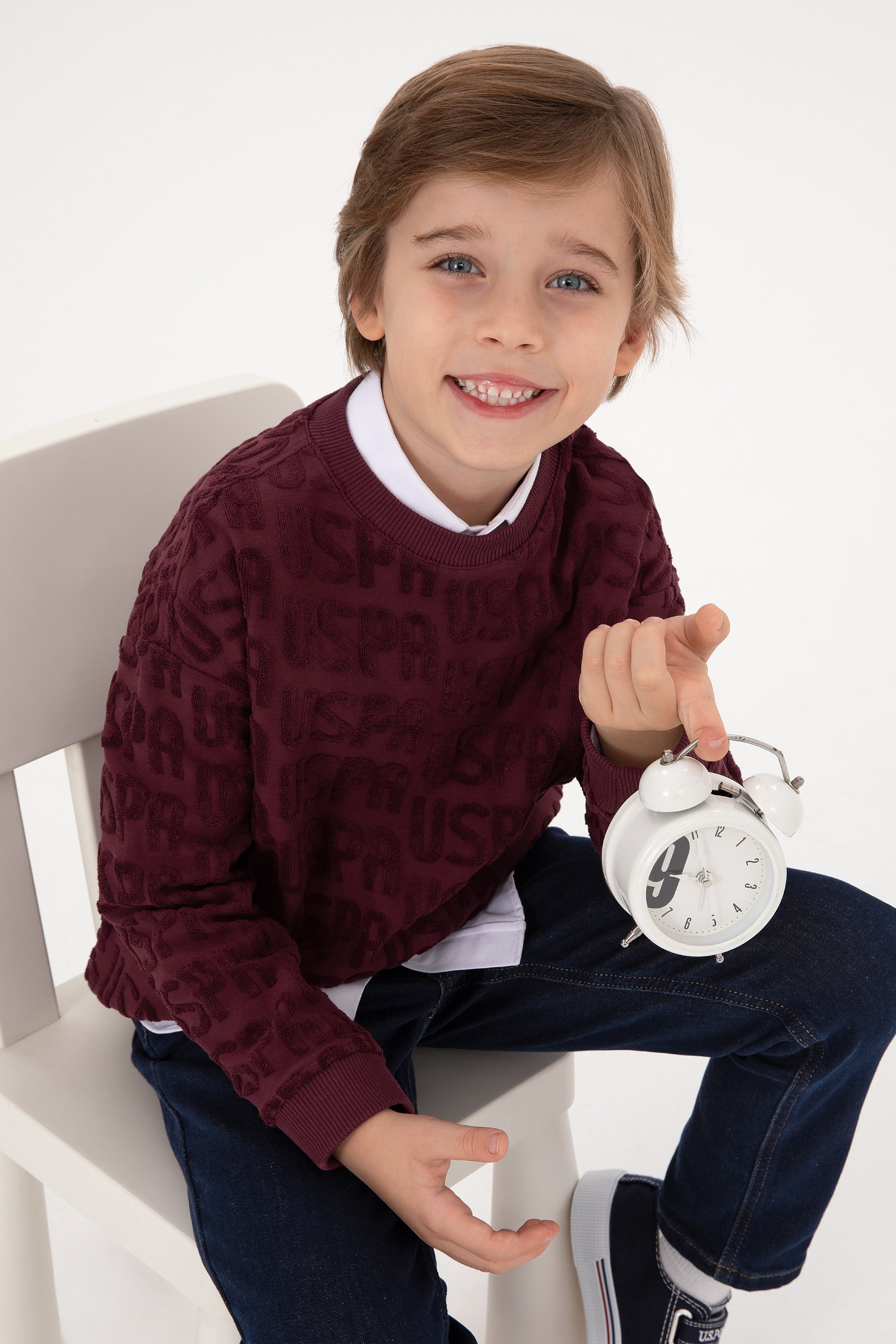 سویشرت یقه گرد زرشکی آلبالویی Oversize پسرانه یو اس پولو | US POLO ASSN