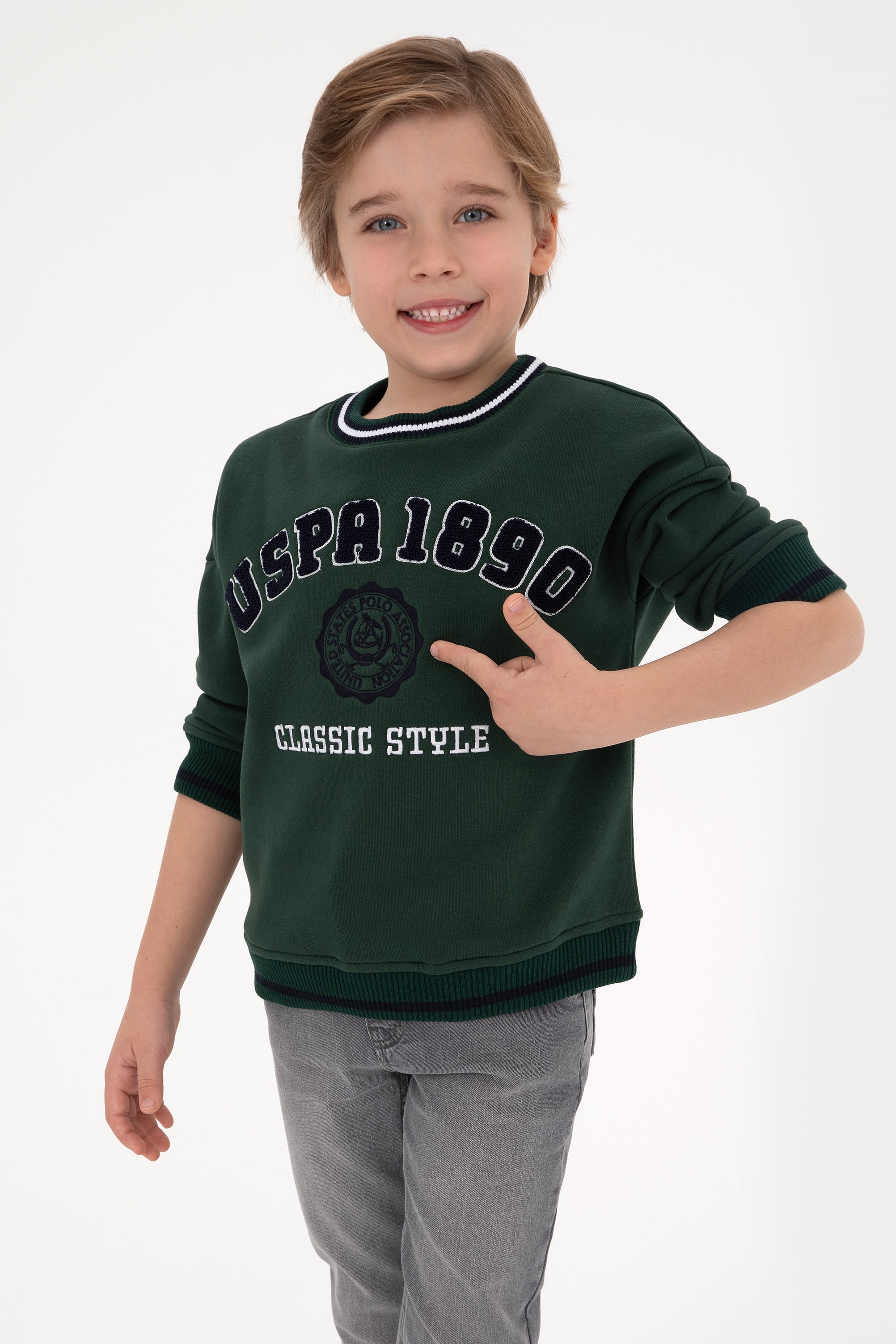 سویشرت یقه گرد برس خورده سبز تیره ریلکس پسرانه یو اس پولو | US POLO ASSN