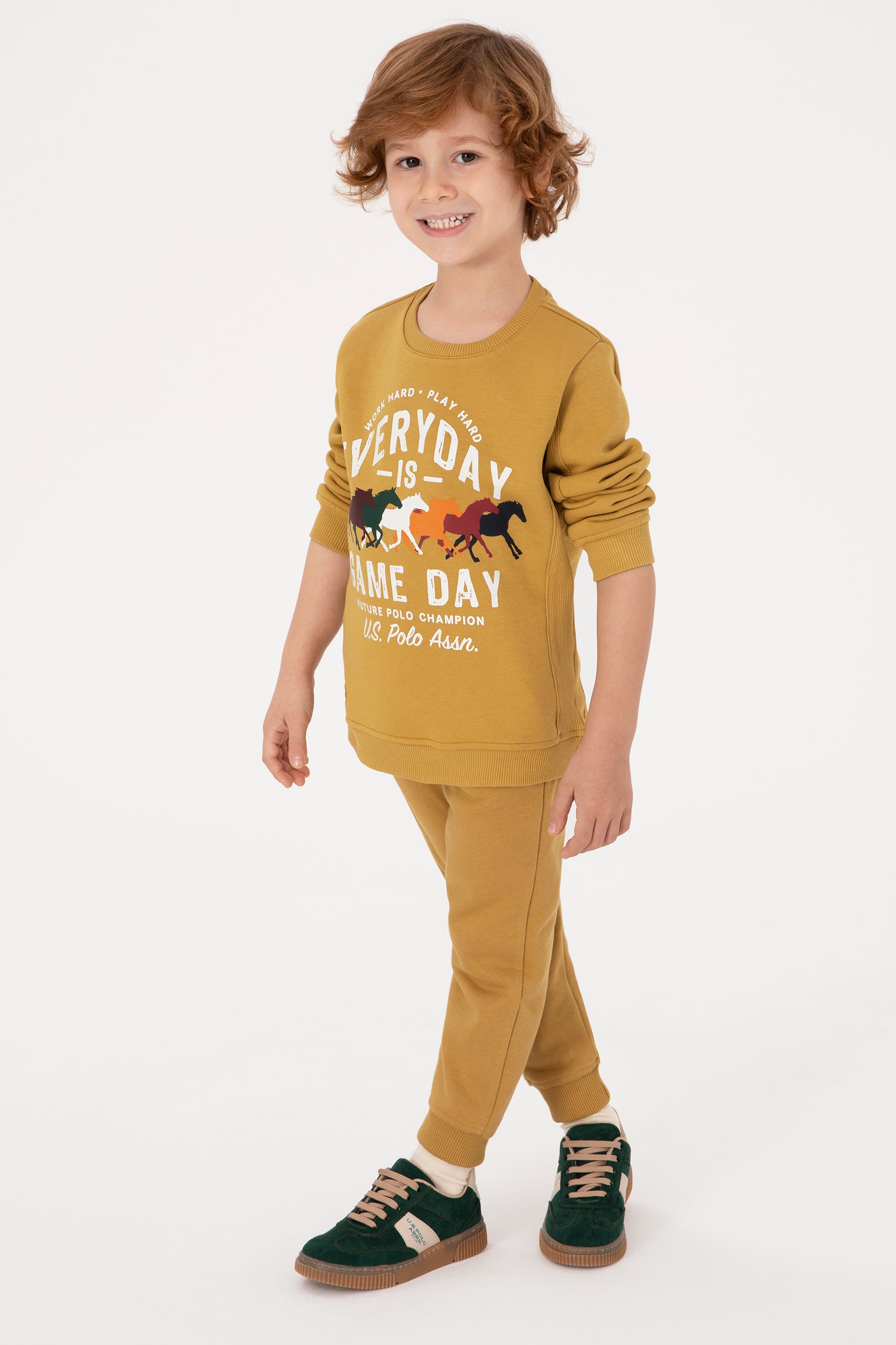 سویشرت یقه گرد قهوهایبرس خورده آبی نفتی رگولار پسرانه یو اس پولو | US POLO ASSN