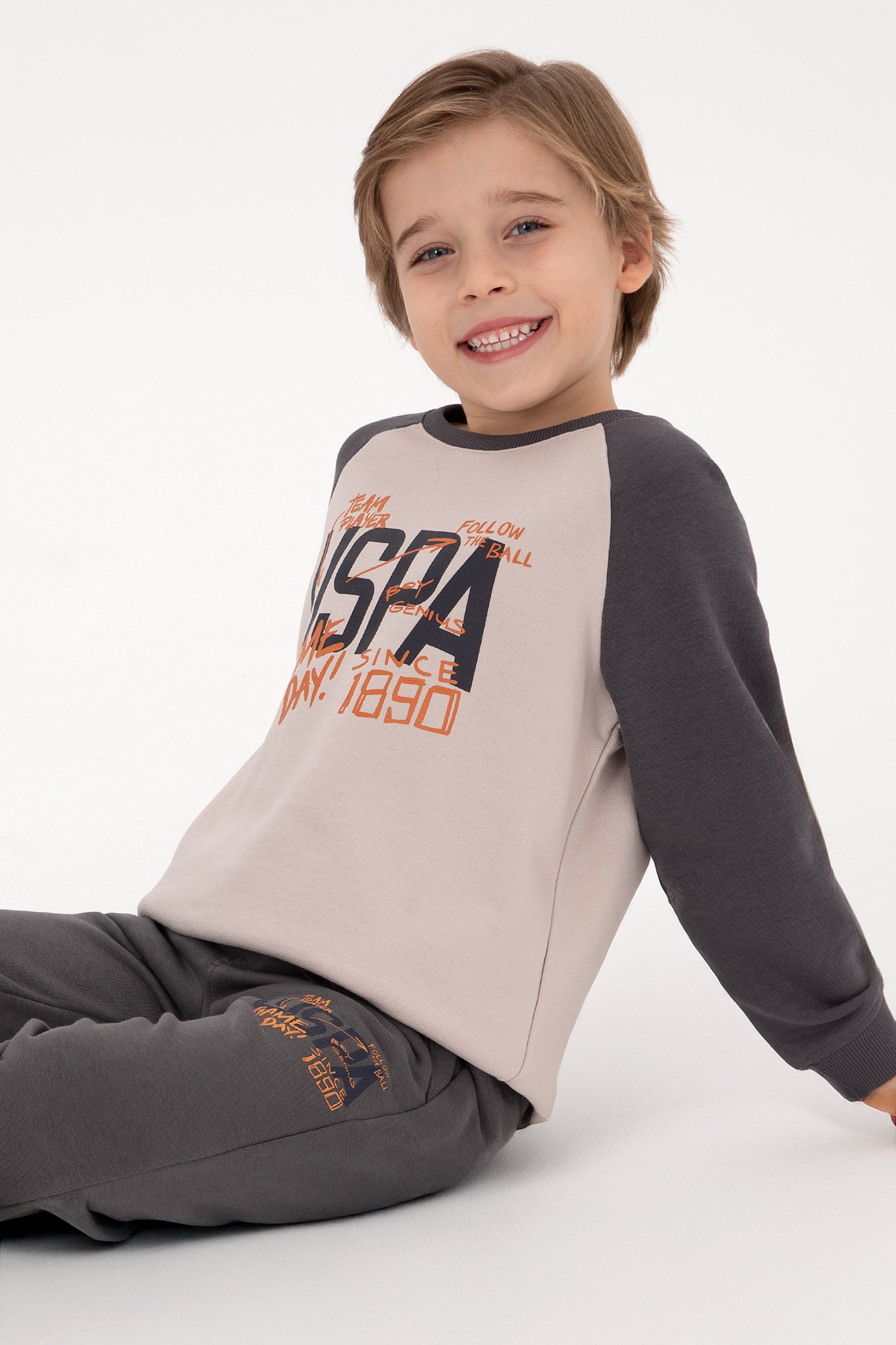 سویشرت یقه گردخاکستری خاکستری ریلکس پسرانه یو اس پولو | US POLO ASSN