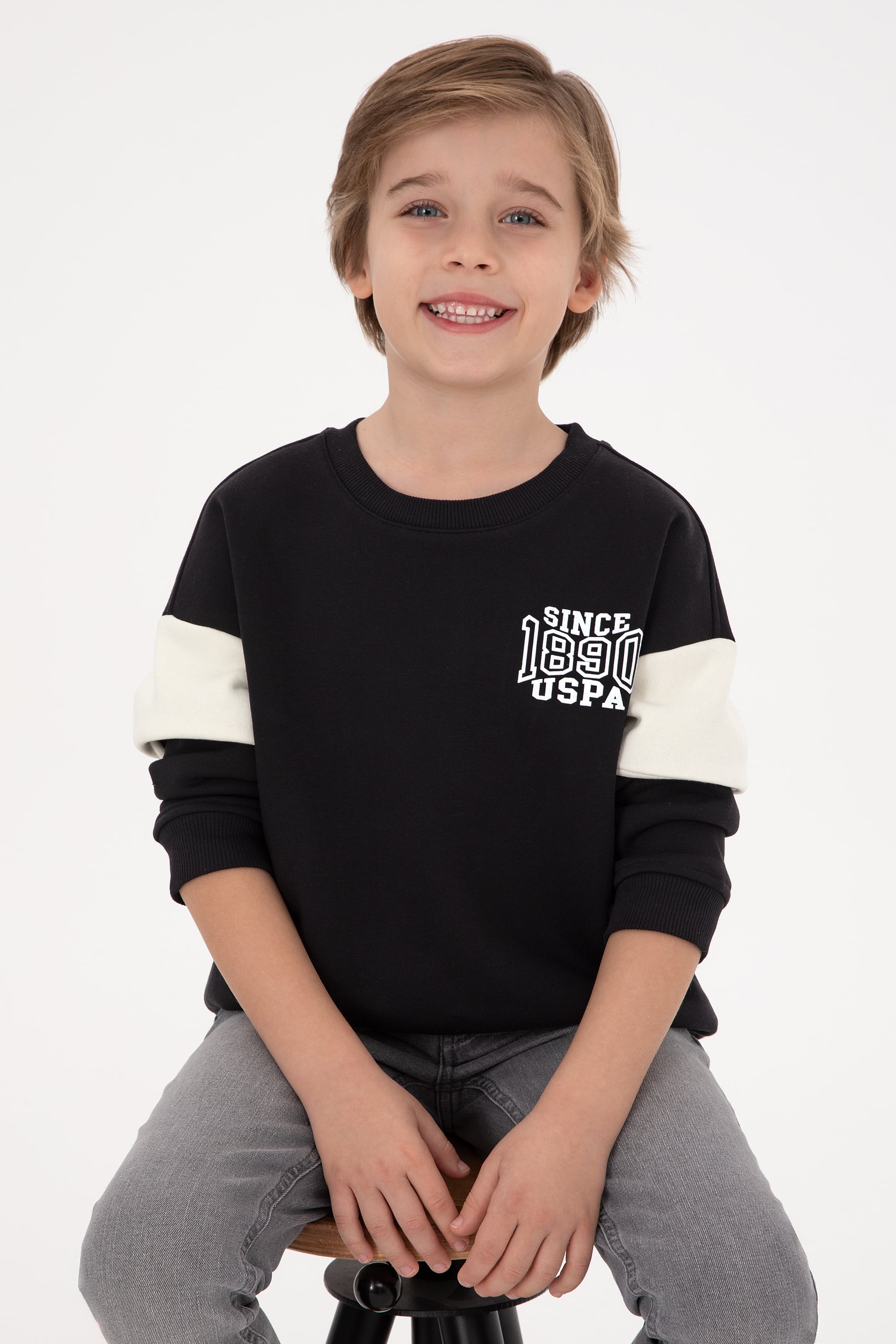 سویشرت یقه گرد مشکی برسدار سیاه Oversize پسرانه یو اس پولو | US POLO ASSN